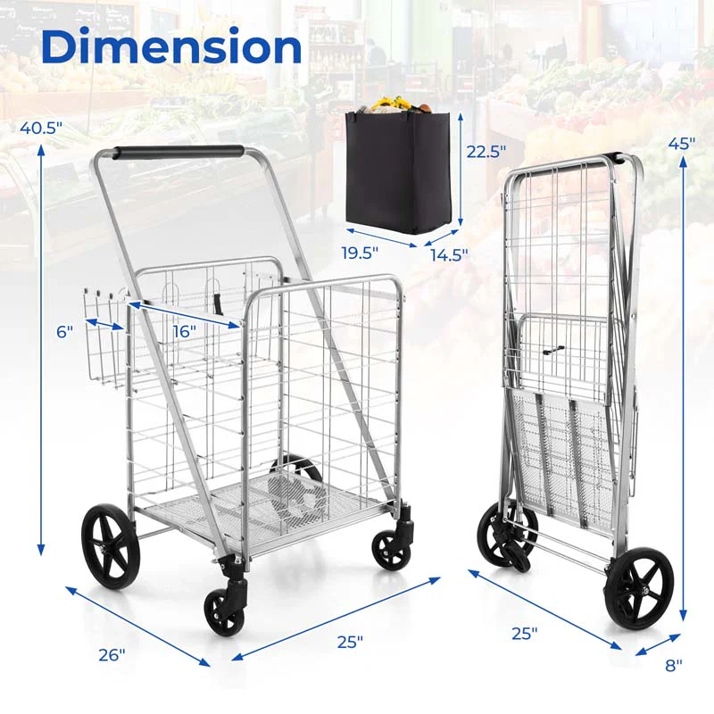 Eletriclife Folding Shopping Cart with Waterproof Liner Wheels and Basket
