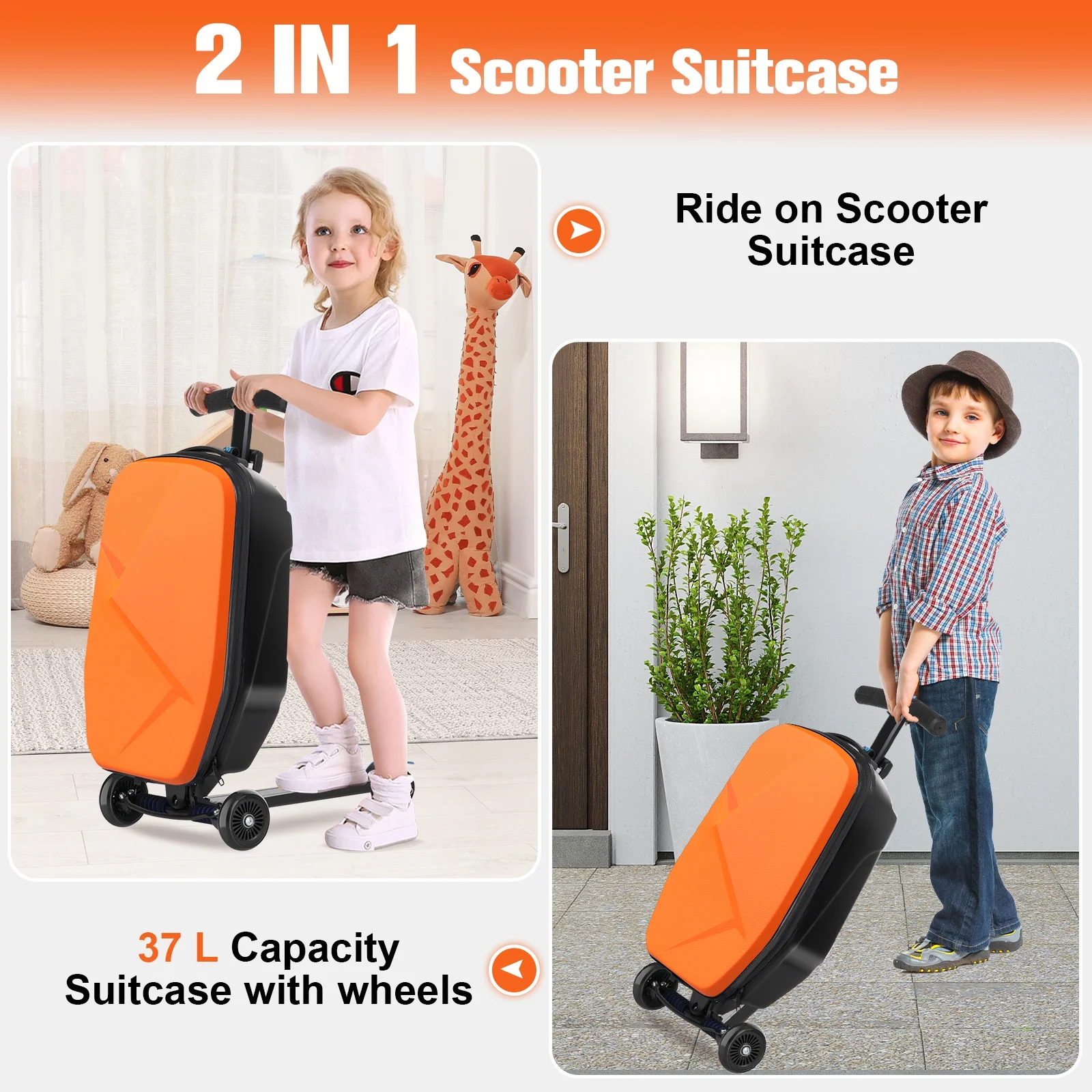Advwin Scooter Luggage for Kids & Adults, Hardside Ride on Suitcase for Kids Ages 4-15 Multifunctional Lightweight Foldable Carry on Luggage with Wheels Ride on for Children Teenagers, Pink