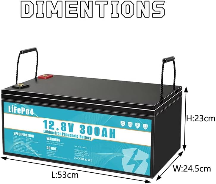 LiFePO4 Batteria da 12V 300Ah al litio ferro fosfato, dotata di BMS da 300 A, durata superiore a 8 anni, adatta per campeggio, energia solare, alimentazione di emergenza, ecc.