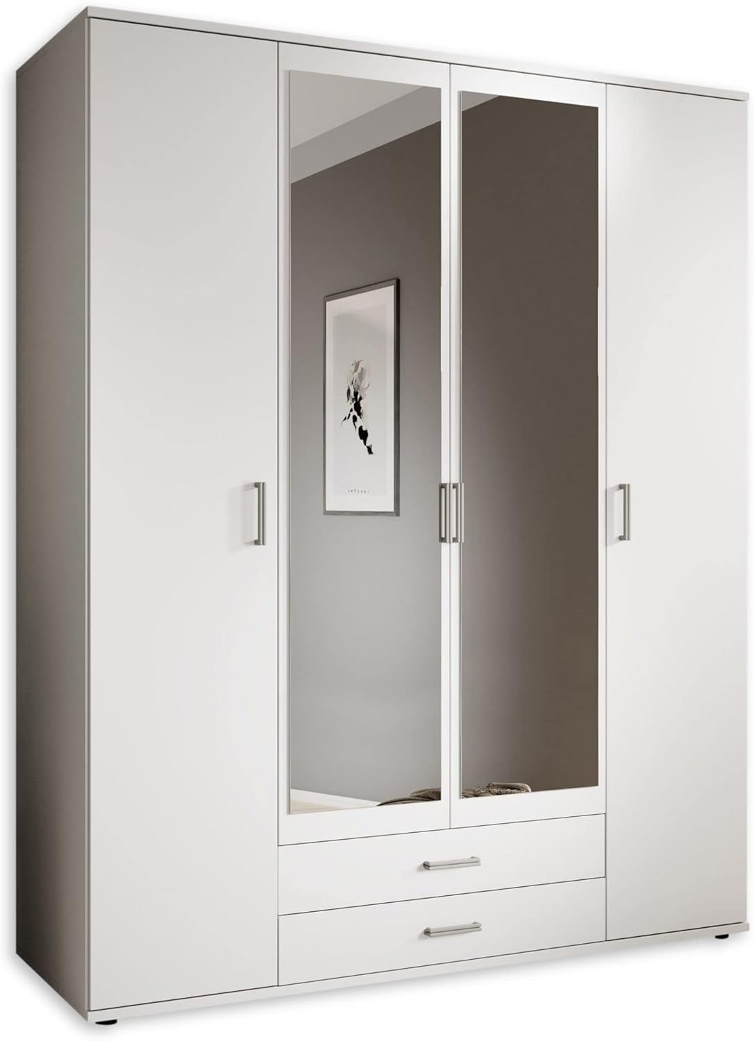 KARL Elegant 4 Door Wardrobe with Large Capacity, Versatile with Hinged Doors, White with Mirrored Doors, 160 x 196 x 54 cm, W x H x D