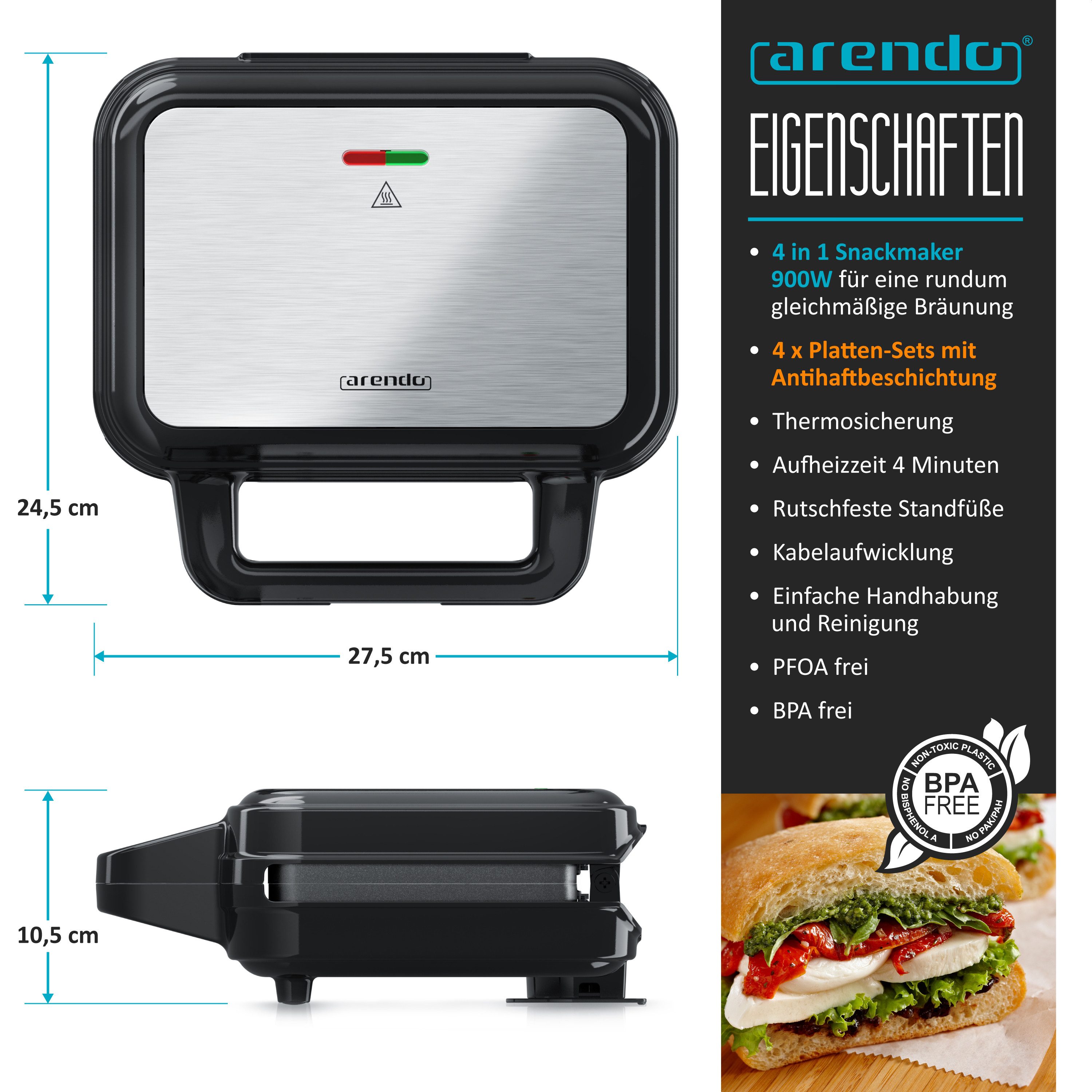 3-in-1-Sandwichmaker 4in1 Sandwich Maker, Temperaturkontrolle, Cool Touch, BPA-frei