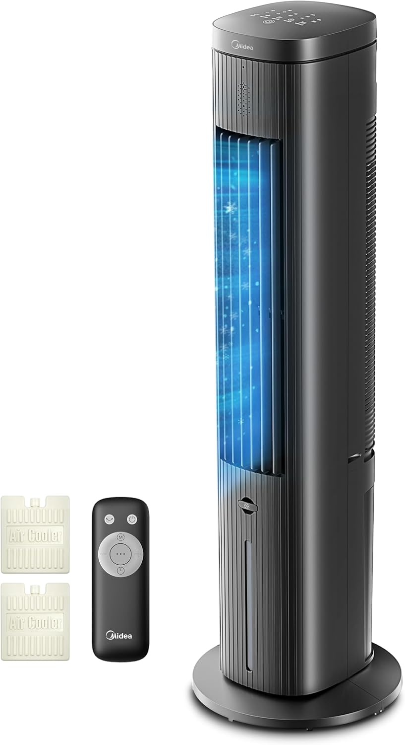 Midea Turmventilator mit 5L Wasserkühlung | Luftkühler mobil | Mobile Klimaanlage ohne Abluftschlauch | Verdunstungskühler, 3 Geschwindigkeitsstufen,75° Schwenkfunktion, 7h Timer, Leiser