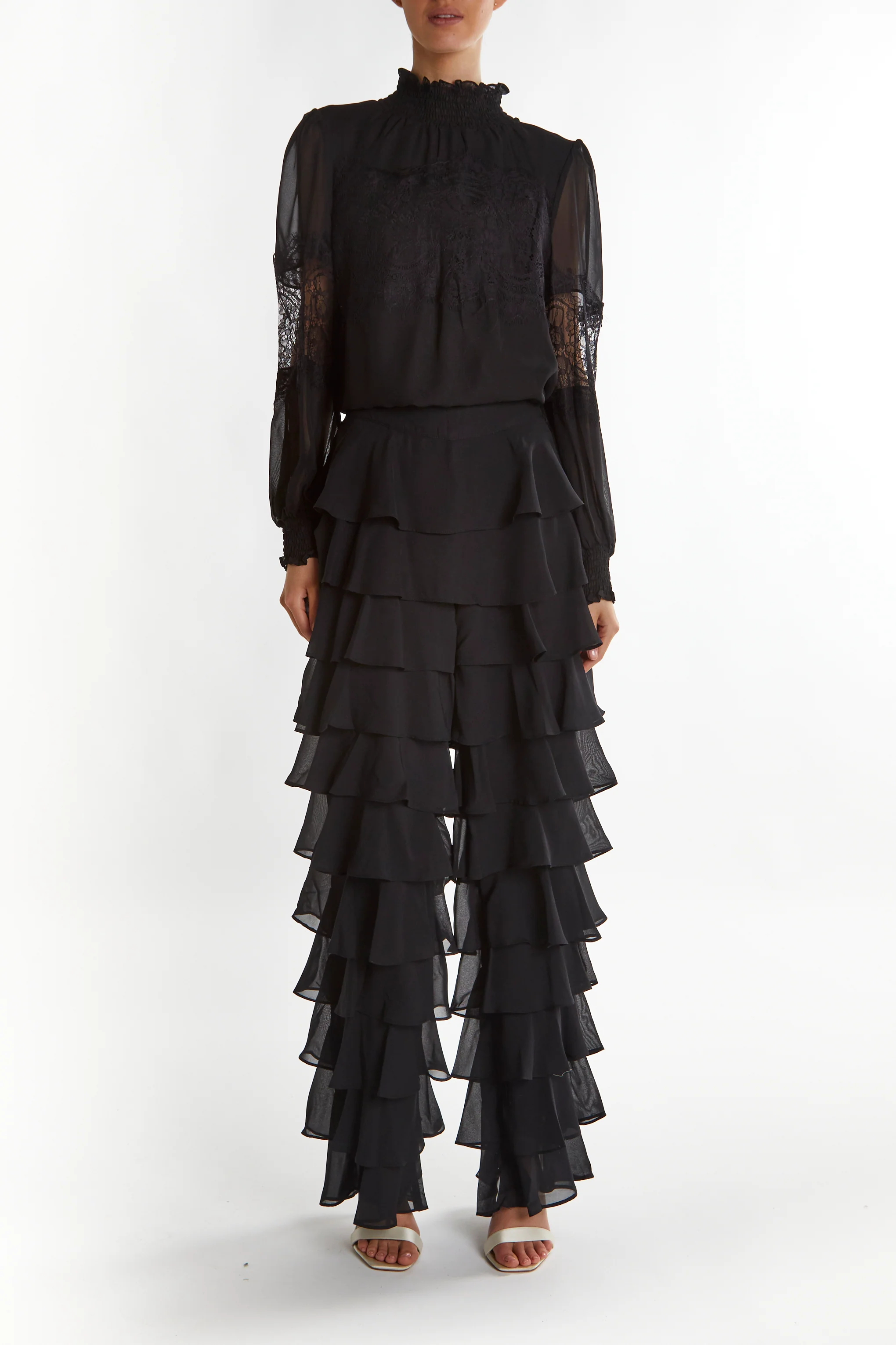 Bethany Black High-Neck Lace Trim Blouse