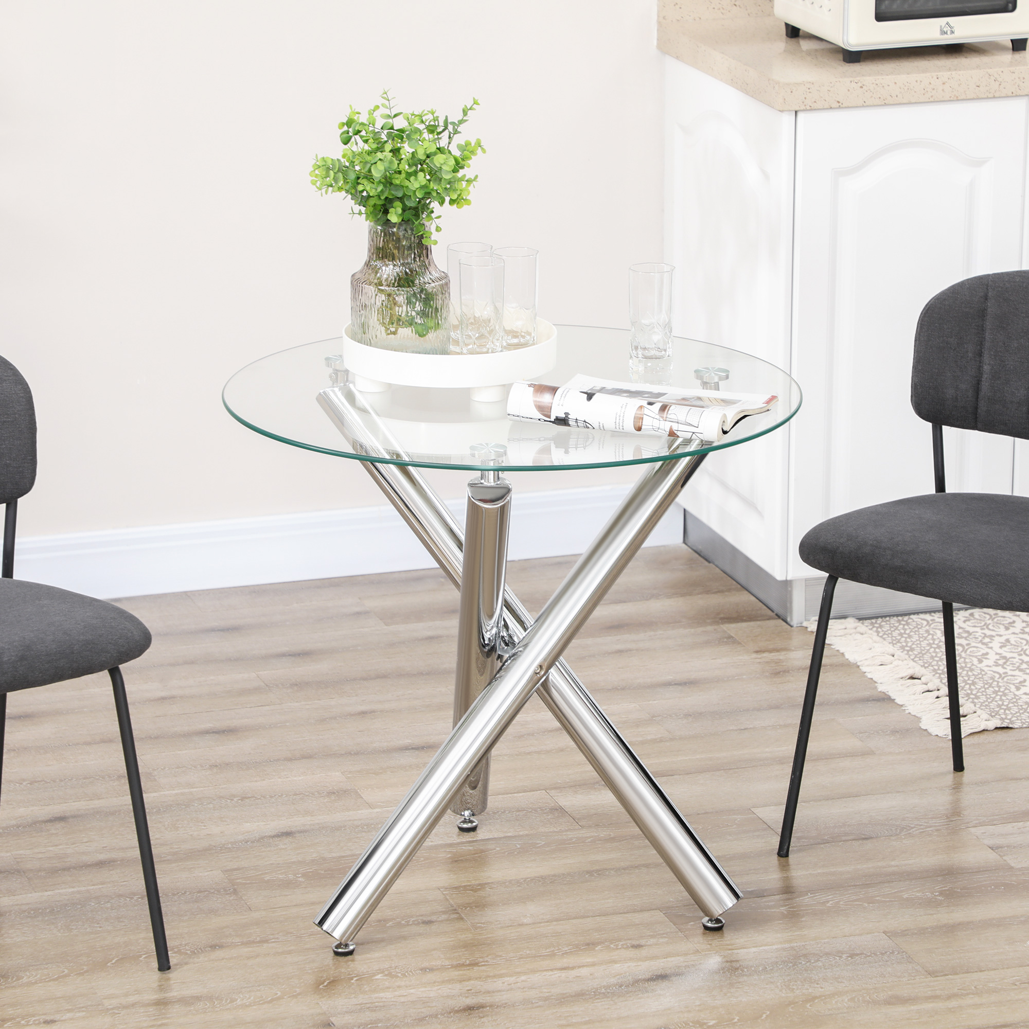 HOMCOM Esstisch, runde Hartglasplatte, randloses Design, für 2-4 Personen, Stahlbeine, 80 x 80 x 74 cm