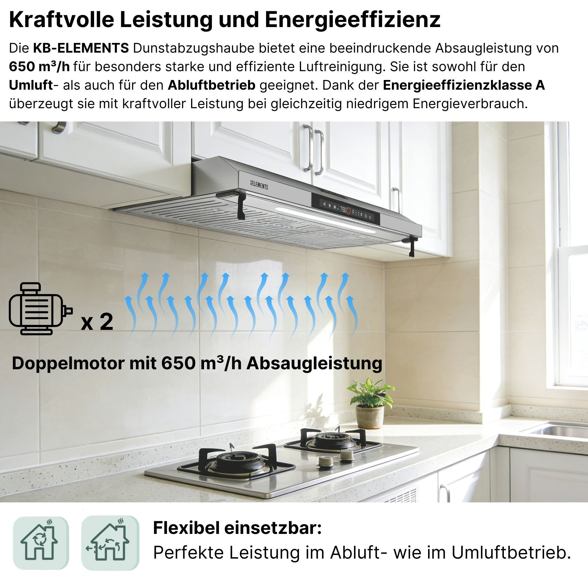 Unterbauhaube Doppelter motor 2 x 80 Watt, 650 m³/h Absaugleistung