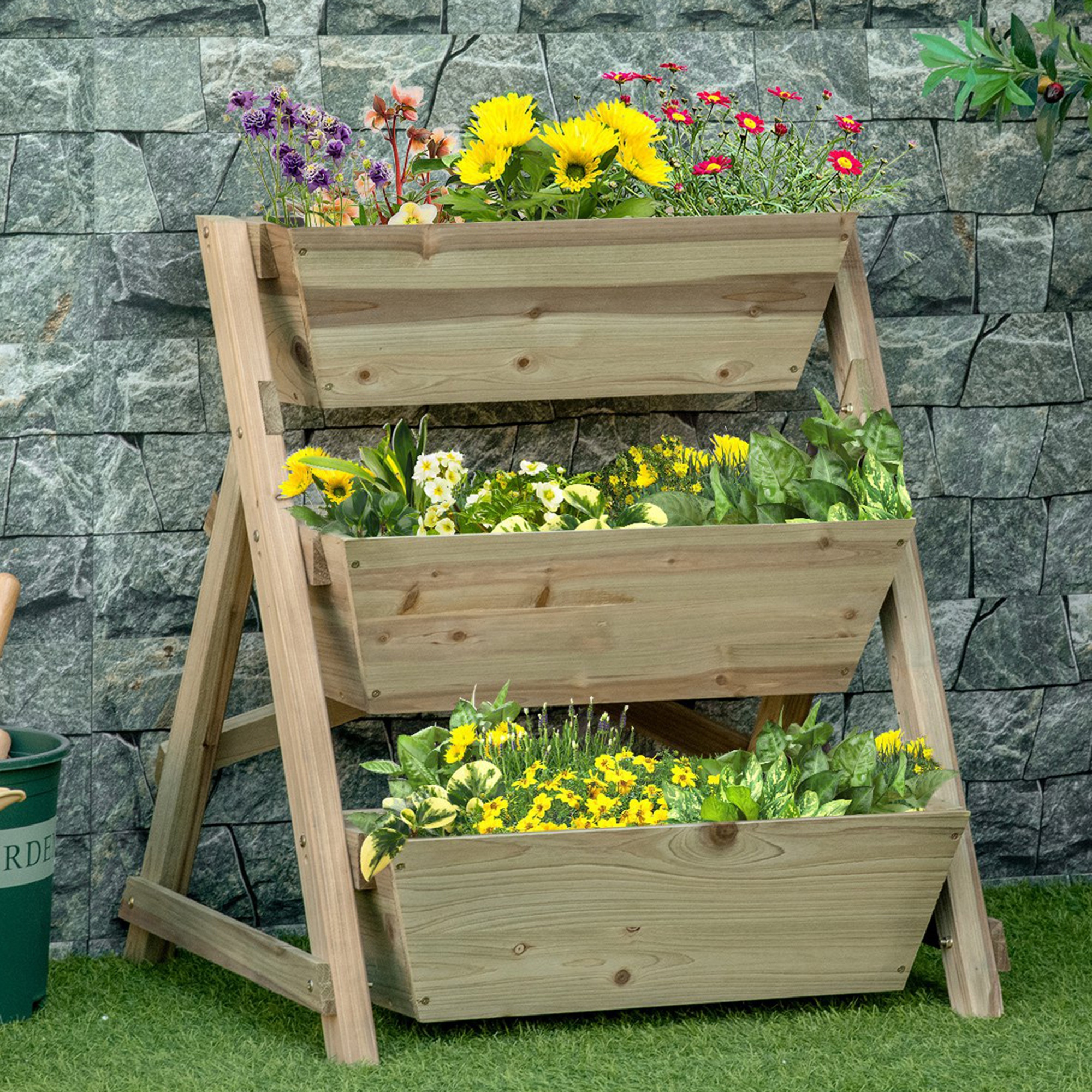 Outsunny Hochbeet Blumentreppe Holz Blumenleiter mit 3 Ablagen Pflanzentreppe Pflanzregal Pflanzenständer Blumenregal Blumenständer Natur 71 x 61 x 77 cm