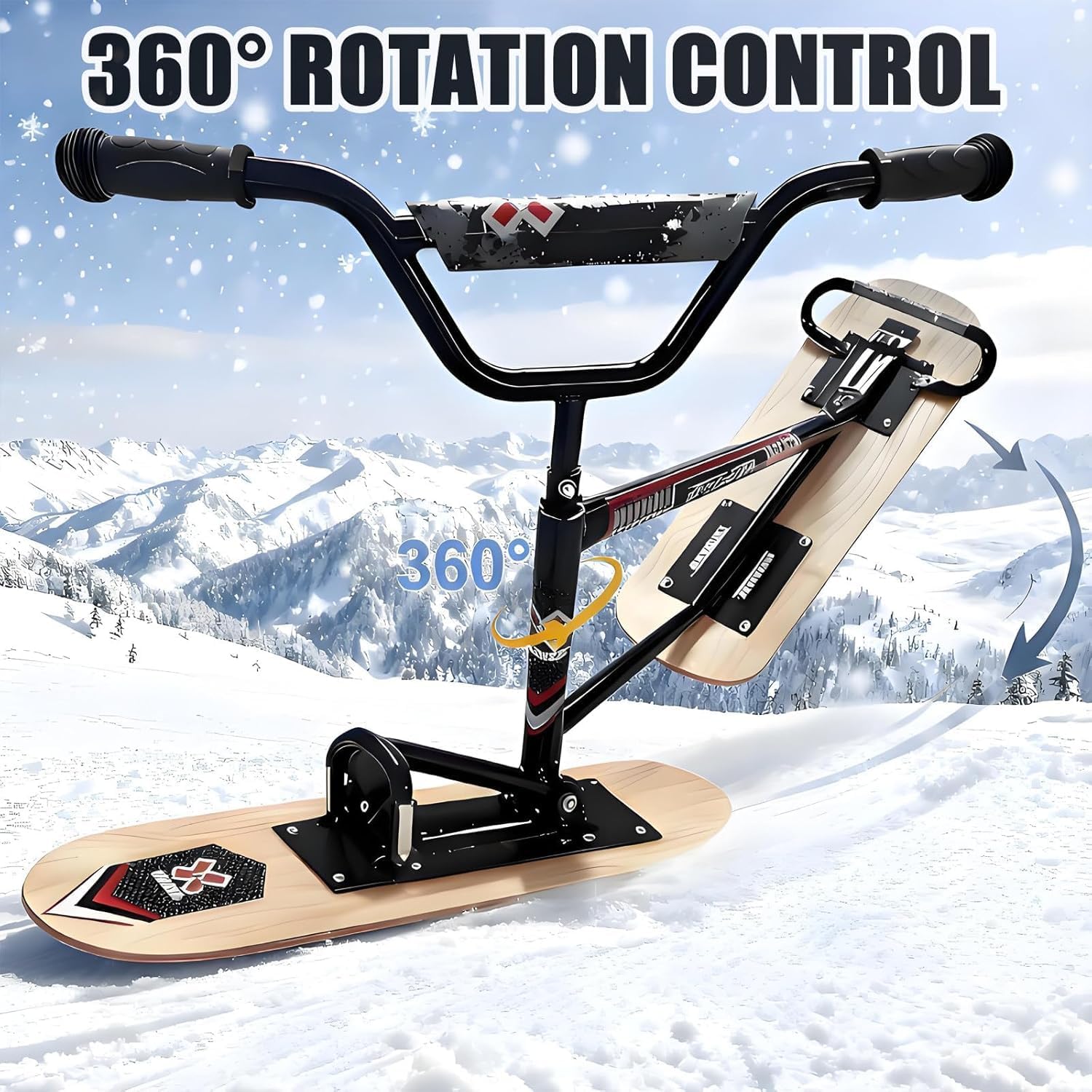 Snow Scooter mit 360° drehbaren Heckski & verstärktem Rahmen, All-Terrain Schlitten für Teenager und Erwachsene, 150 kg Tragkraft