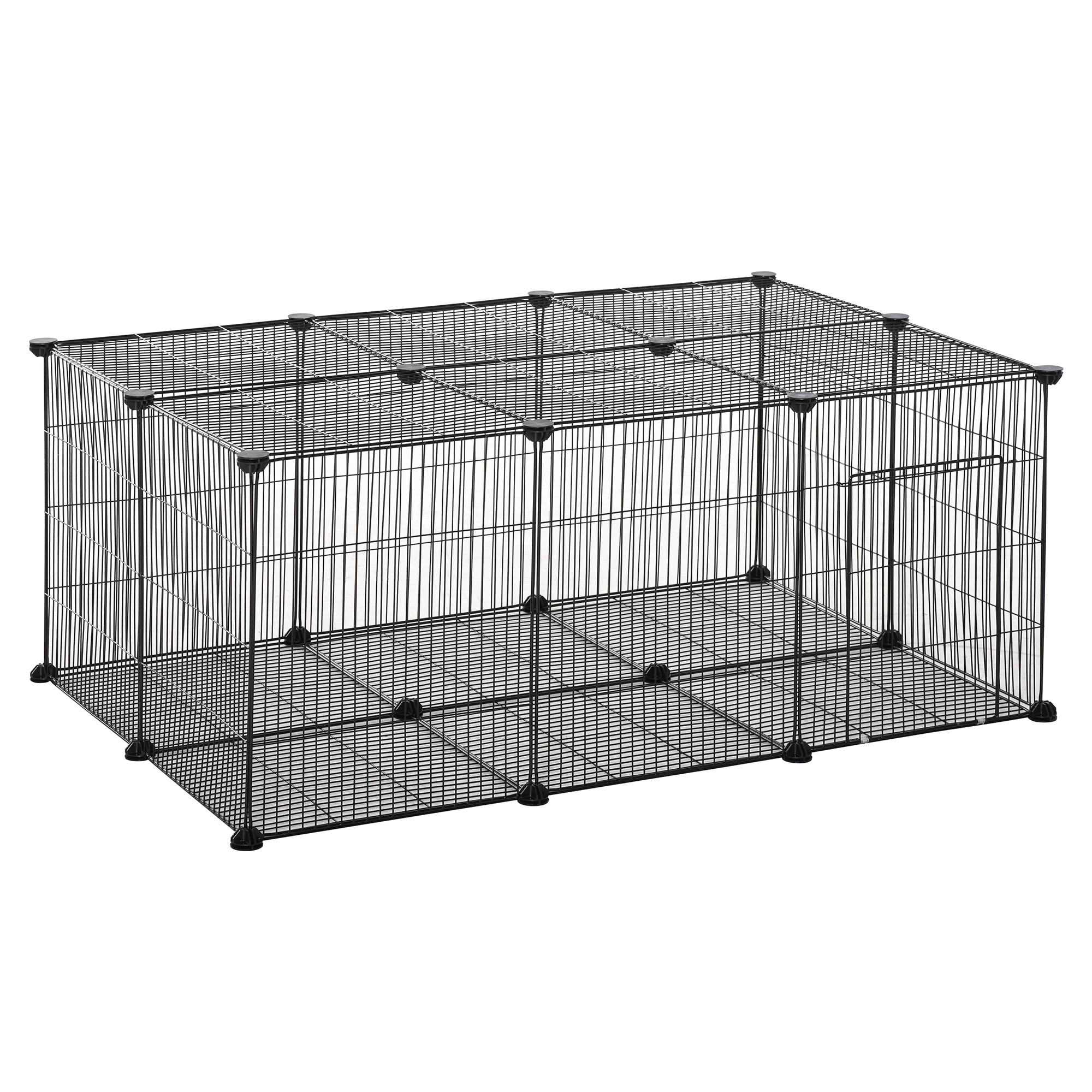 PawHut Kleintiergehege kleintierkäfig Freigehege DIY Metall Kleintiere Multi-Winkel-Verbindungen Anti-Rutsch-Matte öffenbar 22 Platten Schwarz 105 x 70 x 45 cm