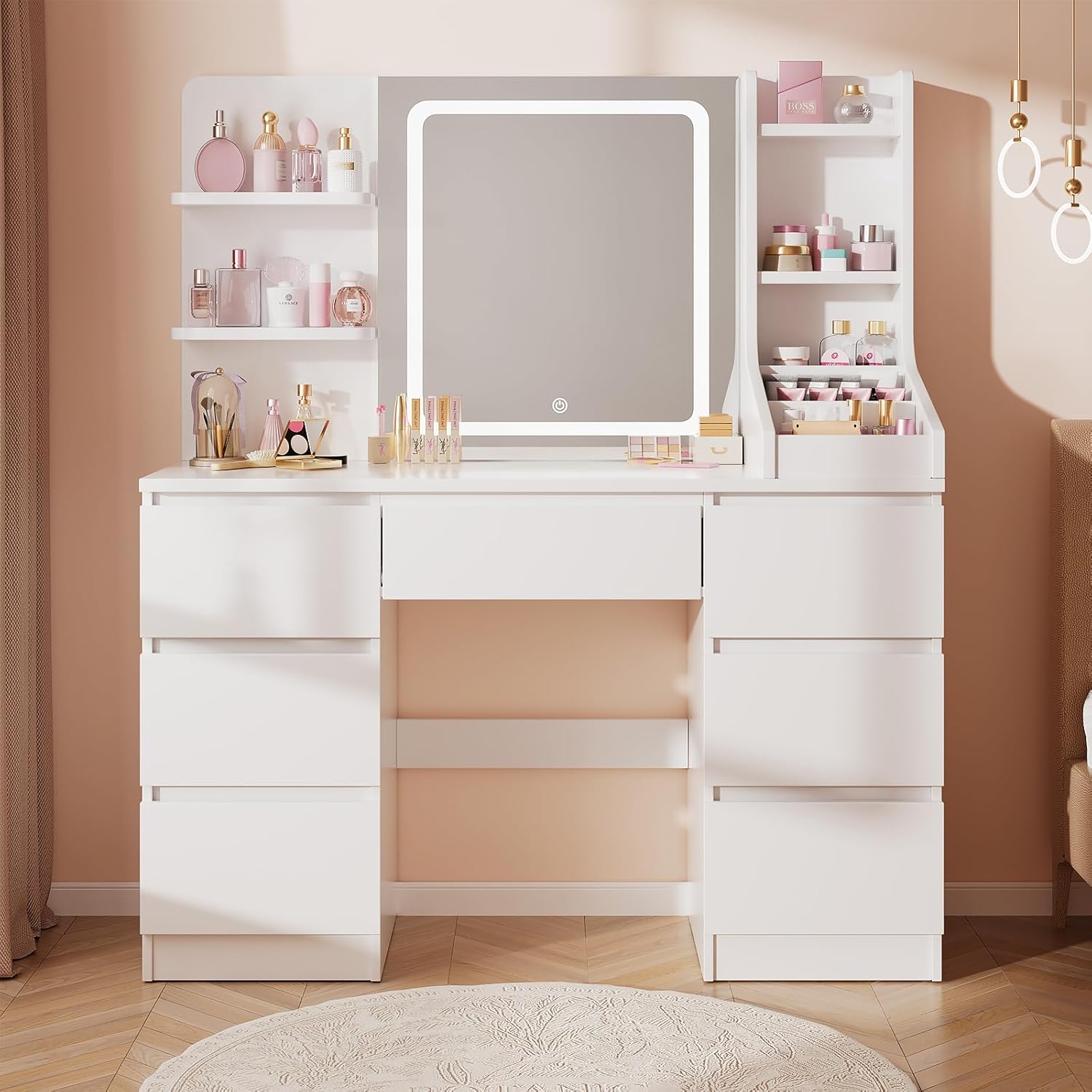 Airfish Make-up Vanity with LED Lights, Adjustable Brightness, Makeup Table with Mirror, Makeup Desk with 7 Drawers, 4 Open Shelves for the Bedroom (White)