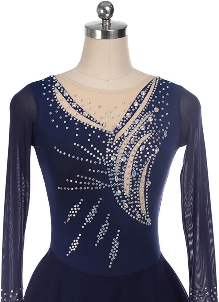 purpleq Eiskunstlauf Kleid Damen Eislaufen Rollschuh Kleid Langarm Mesh Glitzer Ballettkleid Tanzkleid Bekleidung Gymnastik Leotard Turnanzug Tanzkostüm Ballettkleid Eisllaufkleid