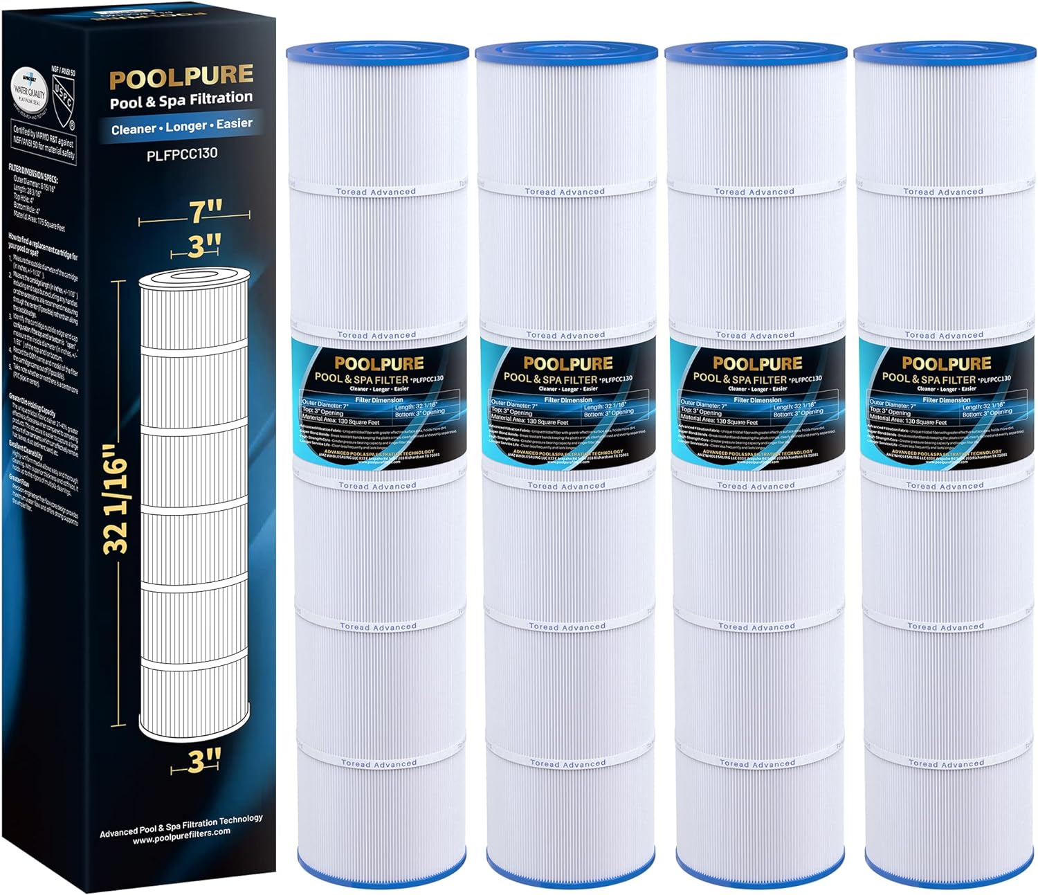 POOLPURE PLFPCC130 Pool Filter Replaces Pentair CCP520, R173578, PCC130, Ultral-A7, Unicel C-7472, Filbur FC-1978, FC-6475, Pentair Clean and Clear Plus 520, 817-0131, 178585, L x OD: 32 1/16′′x7′′