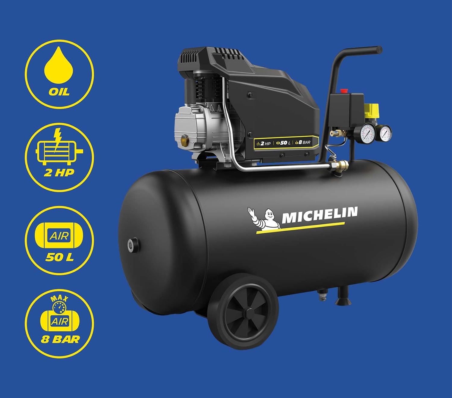 MICHELIN, Compressore d'Aria MX POP AIR 50-2 L, Serbatoio 50 Litri con Ruote, Motore da 2 hp, Pressione Massima 8 bar, Portata d'Aria 195 l/min