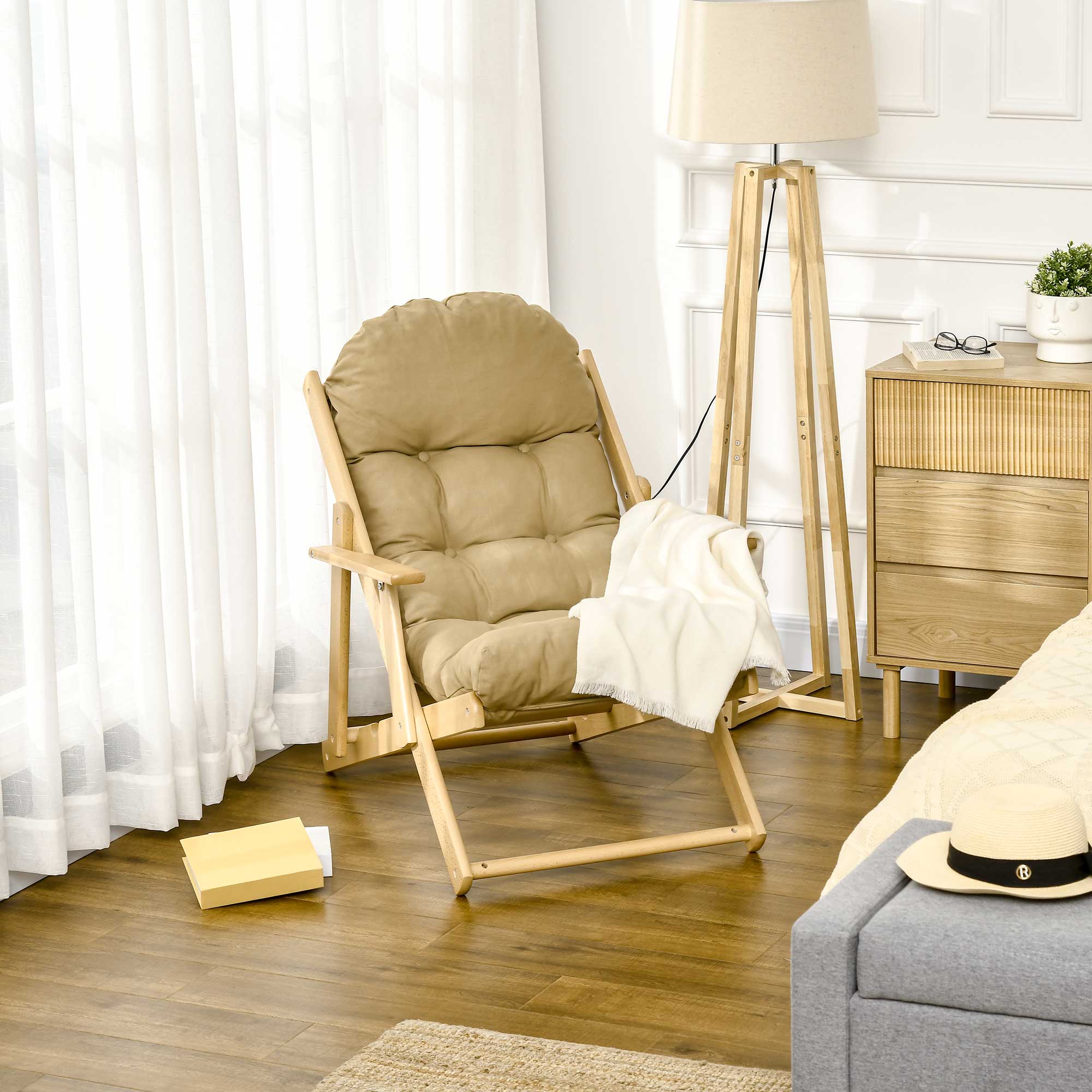HOMCOM Akzentsessel, Relaxsessel, verstellbare Rückenlehne, Buchenholzrahmen, bis 120 kg, Braun
