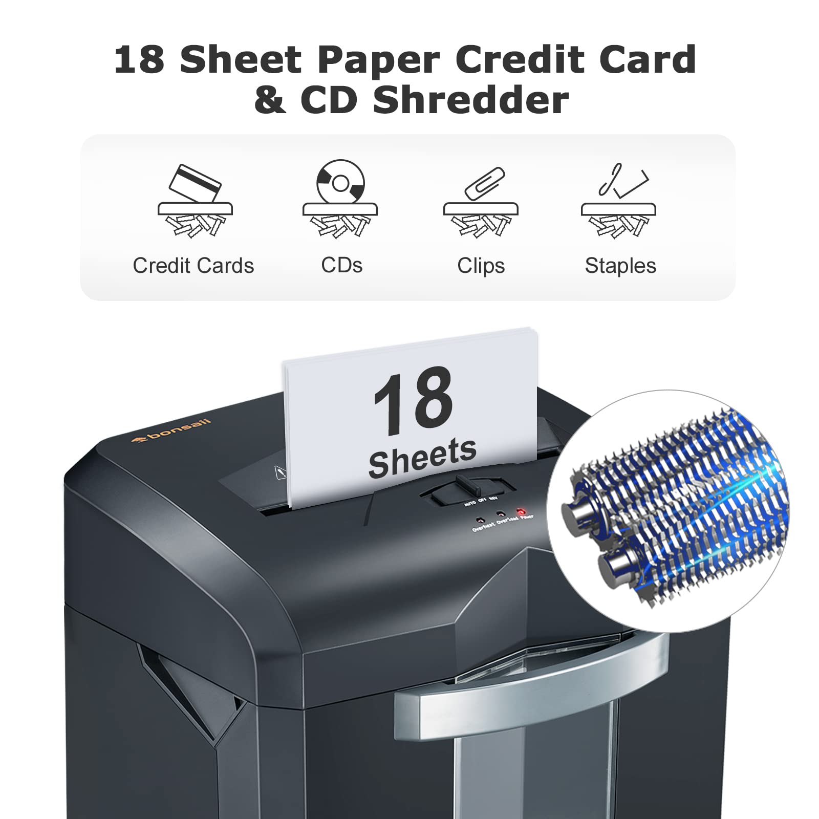 Bonsaii 18 Sheet 60 Minute Paper Shredder, P 4 Security, 6 Gallon Basket, 4 Casters, Office Use