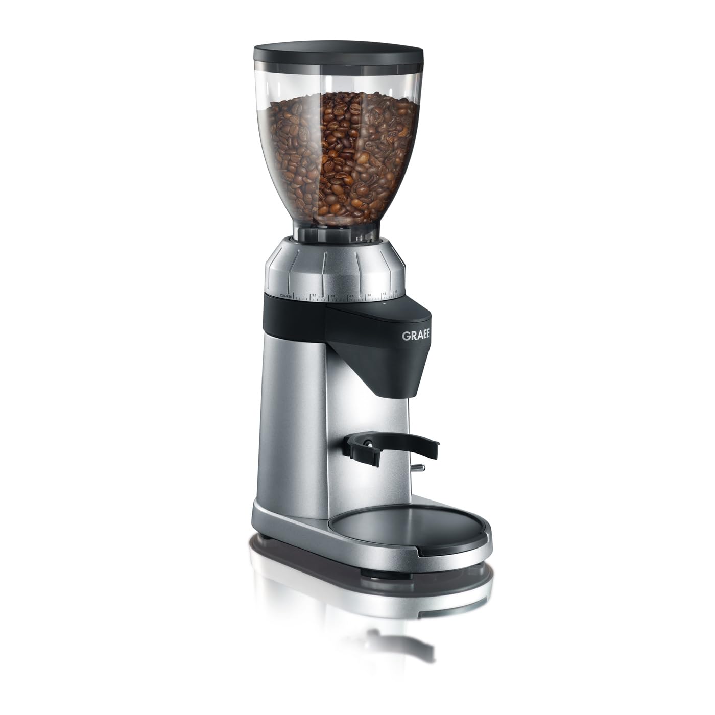GRAEF CM800 Kaffeemühle, 40 Mahlgrade, Edelstahlkegelmahlwerk, 350 g Bohnenbehälter, Siebträger, 128 W, Silber