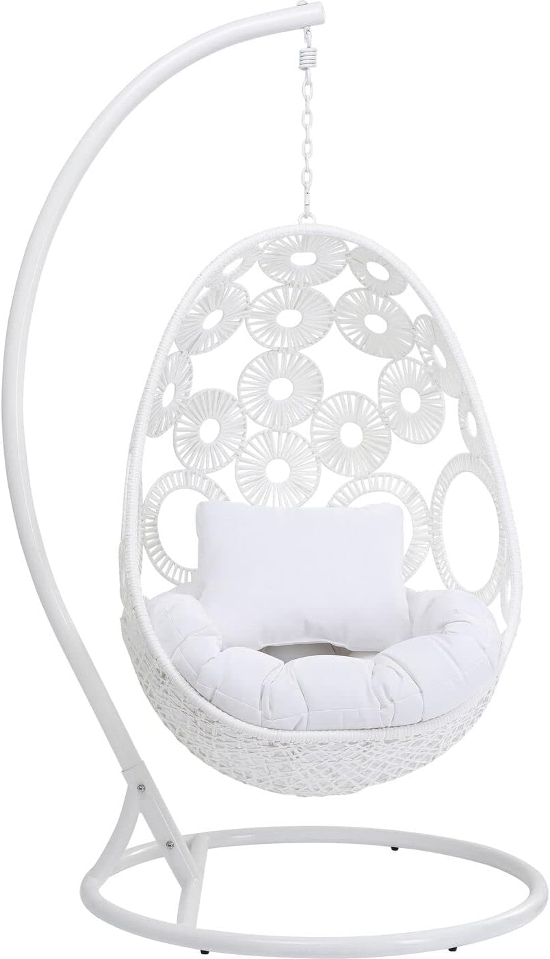 Kare Design Hängesessel Ibiza, Weiß, Indoor und Outdoor Hängestuhl, Hängekorb mit Gestell und 2 weißen Kissen, Bis 125kg belastbar, Weißes Stahlgestell, 209x120x104 cm (H/B/T)