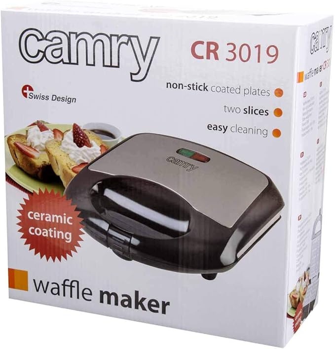 Camry - CR 3019, Piastra elettrica per 2 waffle, piastre in ceramica antiaderenti, temperatura automatica, alloggiamento in acciaio inossidabile freddo al tatto, 1000 W