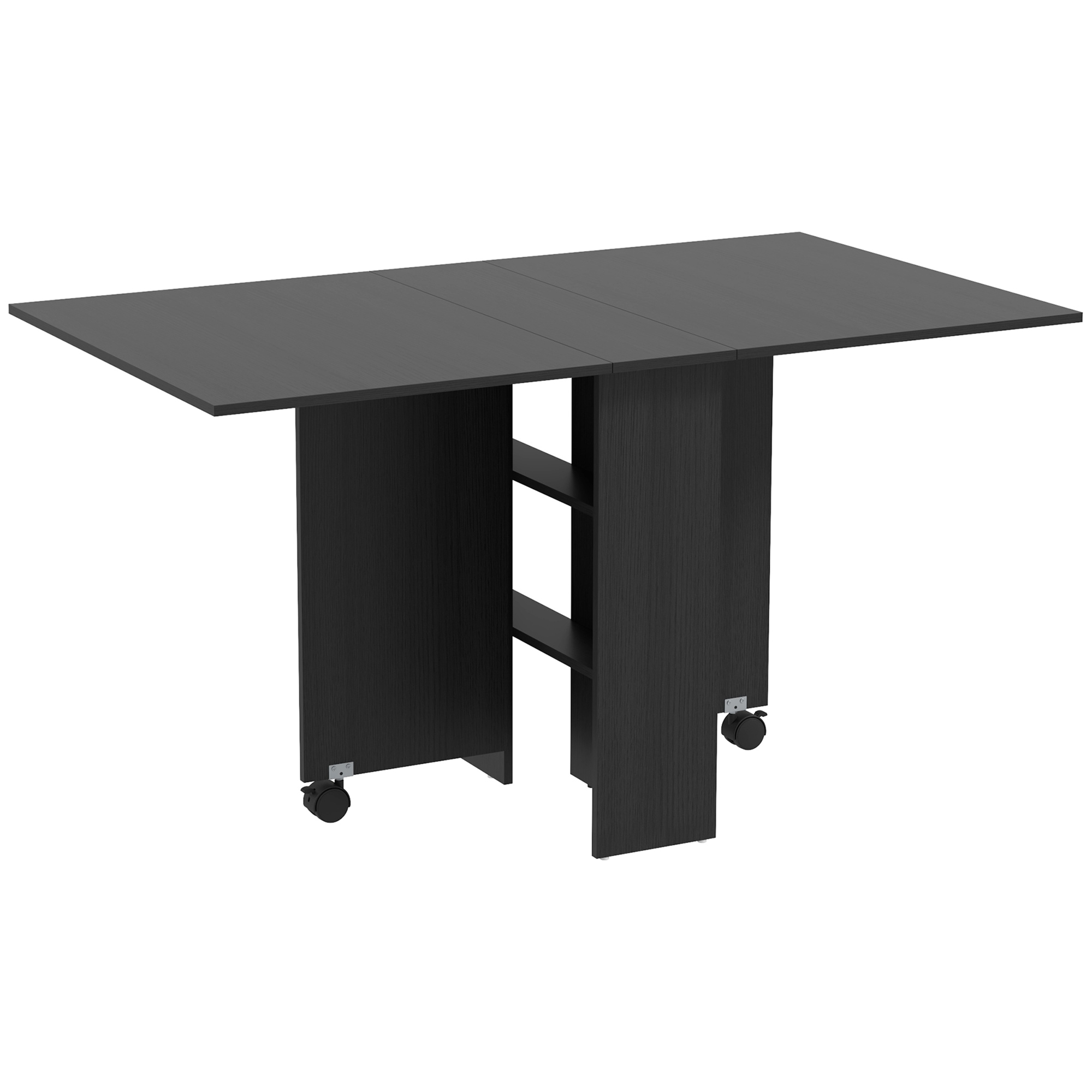 HOMCOM Platzsparender Klappbarer Tisch mit 2 Klappen für 6 Personen mit Regalen und Rollen, Schwarz