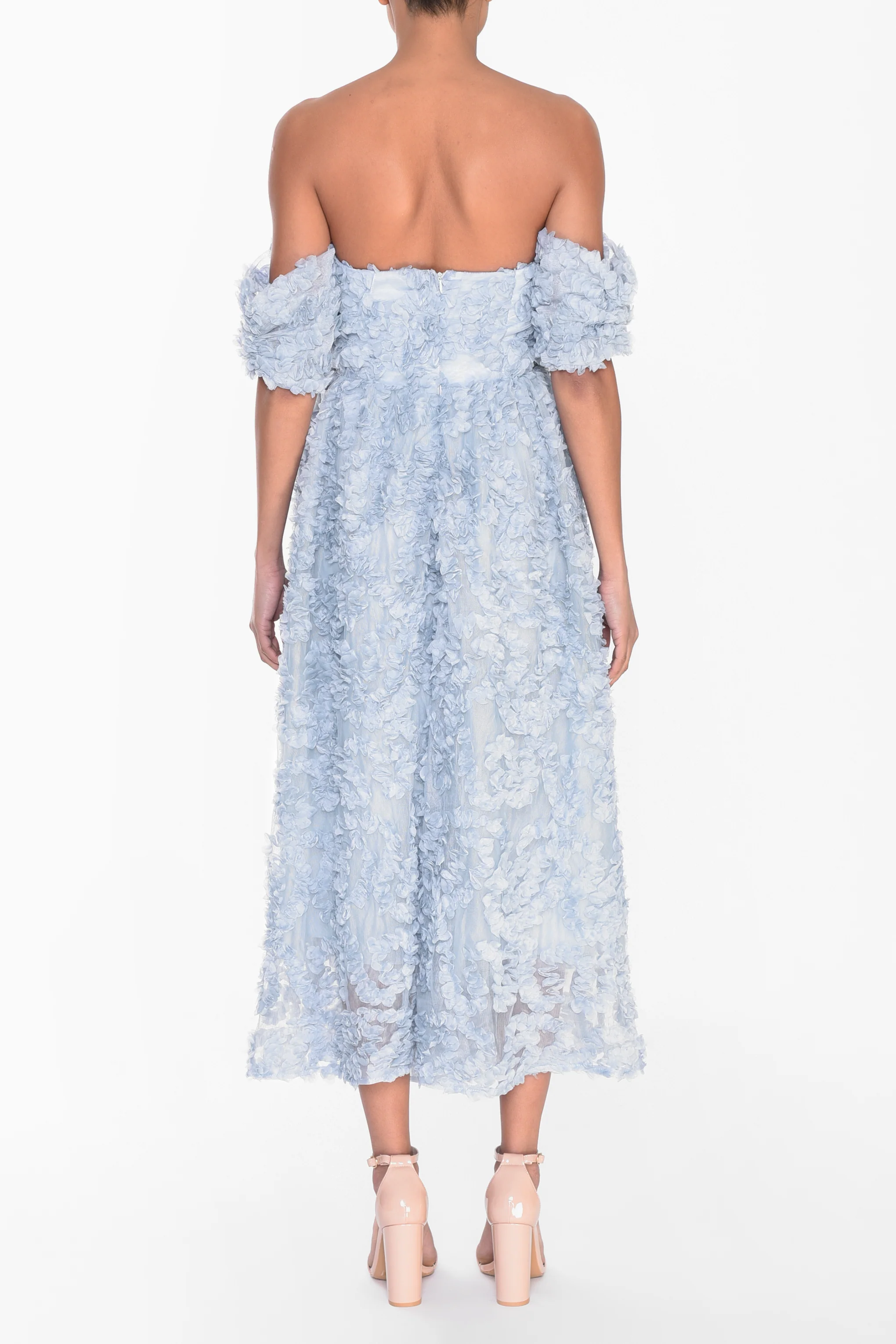Amelia Blue Applique Floral Bardot Midaxi Skater Dress