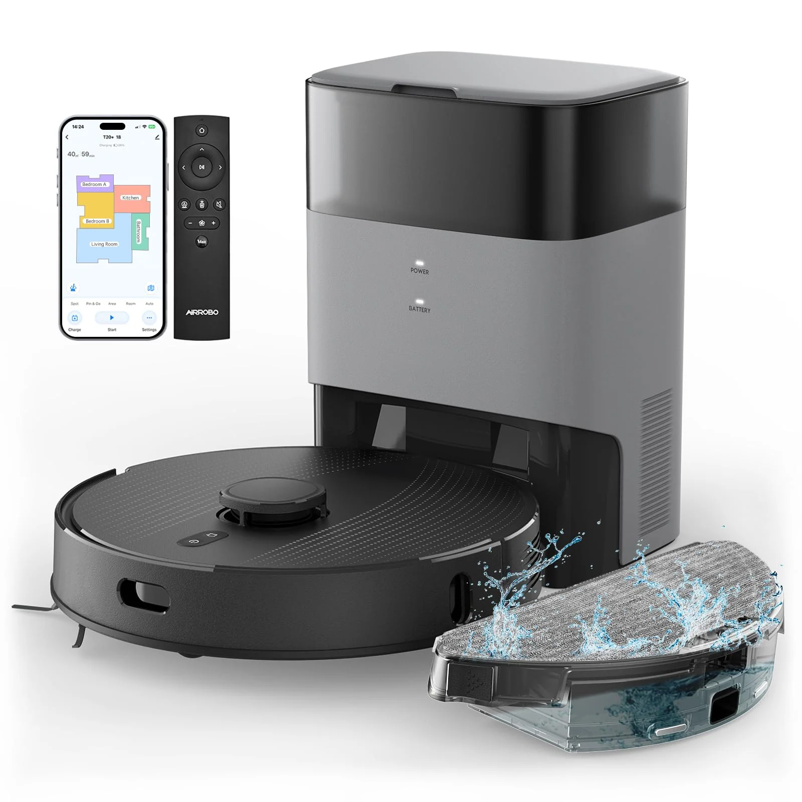 AIRROBO T20+ Saugroboter mit Wischfunktion, 3.5L Staubsauger Roboter mit Absaugstation, 180Min Laufzeit, LiDAR Navigation, Starke Saugkraft ideal für Teppich und Tierhaare, APP Steuerung