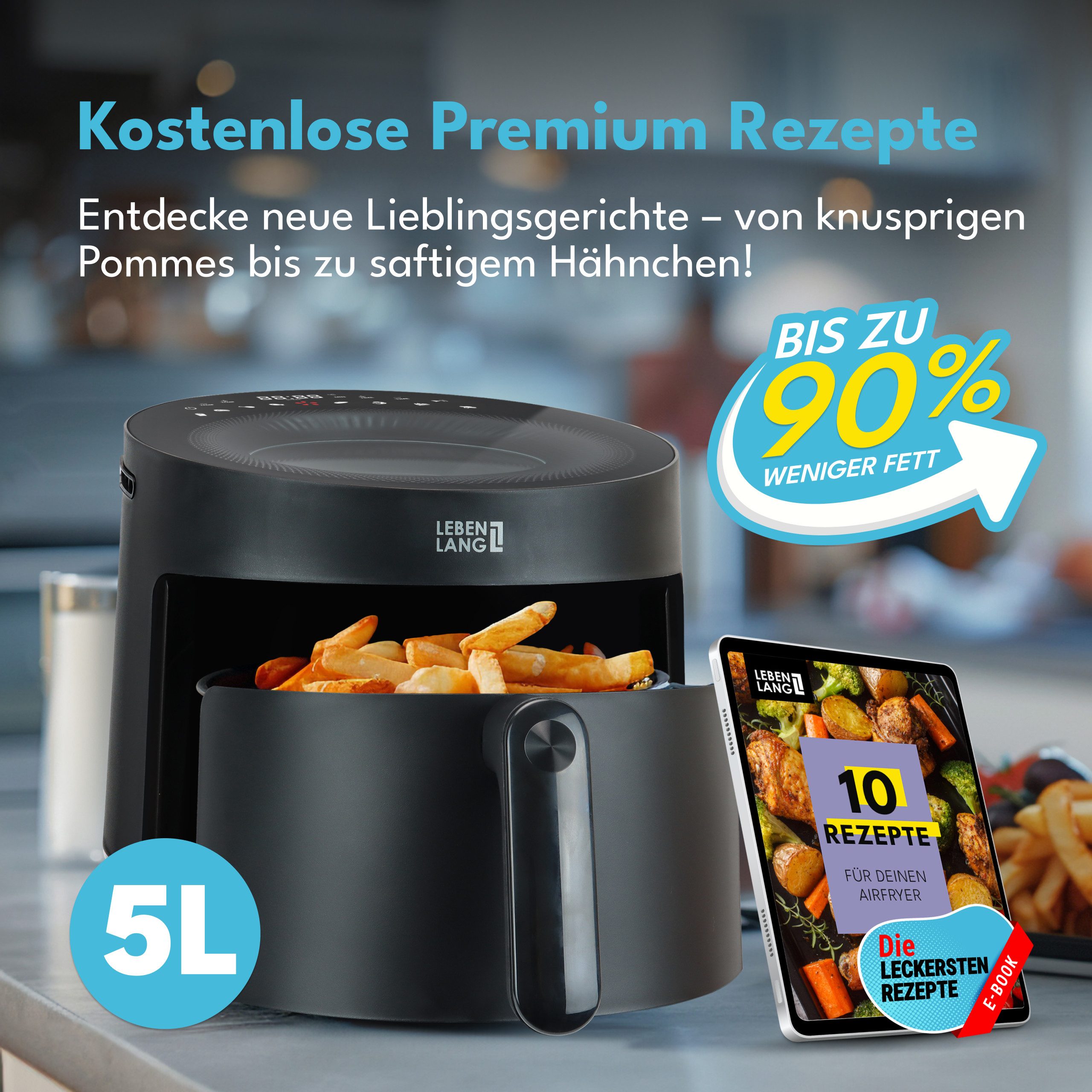 Heißluftfritteuse Airfryer 5L & 8 Programme, Ohne Fett&Öl, Für die ganze Familie