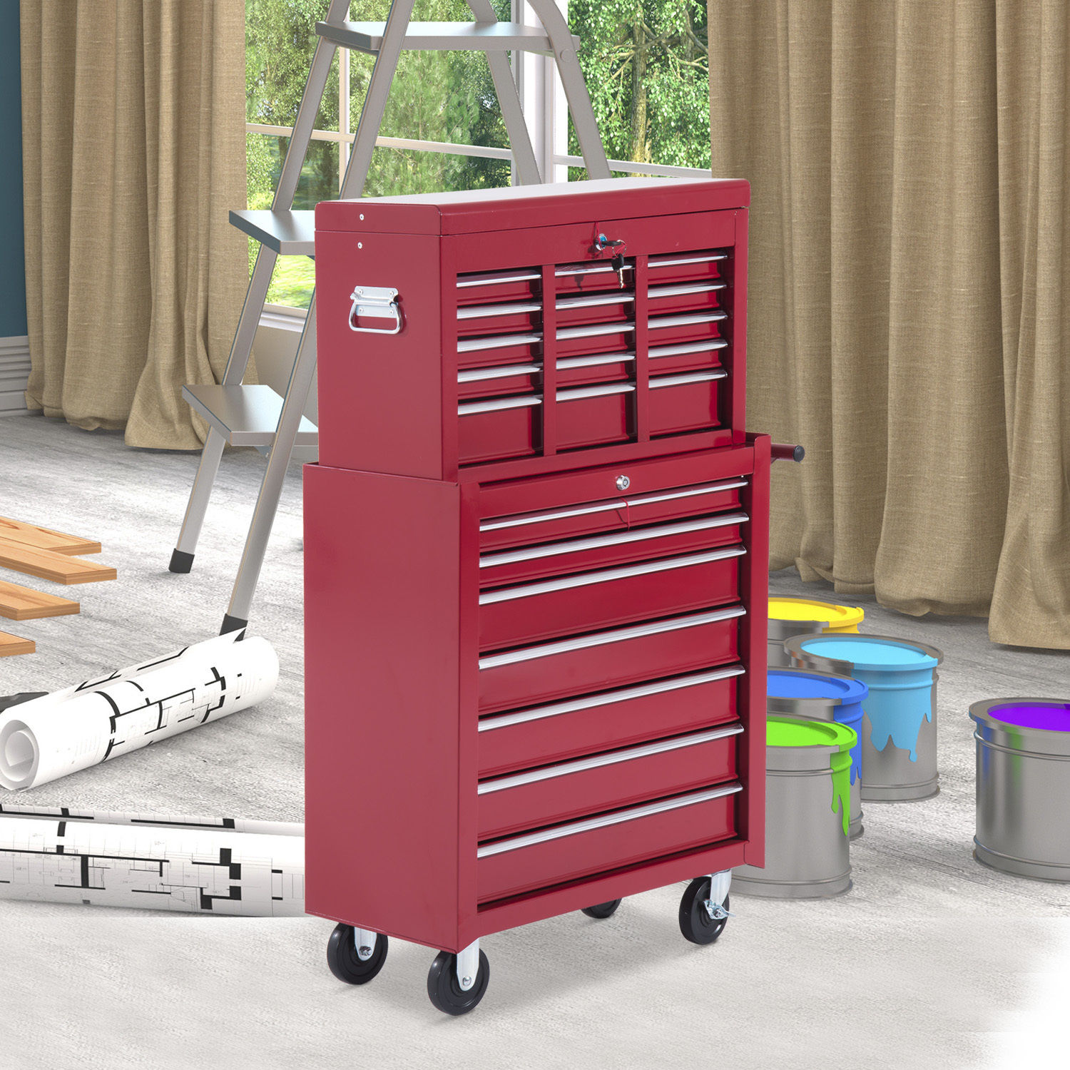 HOMCOM® mobiele werkplaatswagen, afsluitbaar met 16 schuifladen, rood / schuiflade gereedschapwagen wagen met wielen  gereedschapskist (rood)