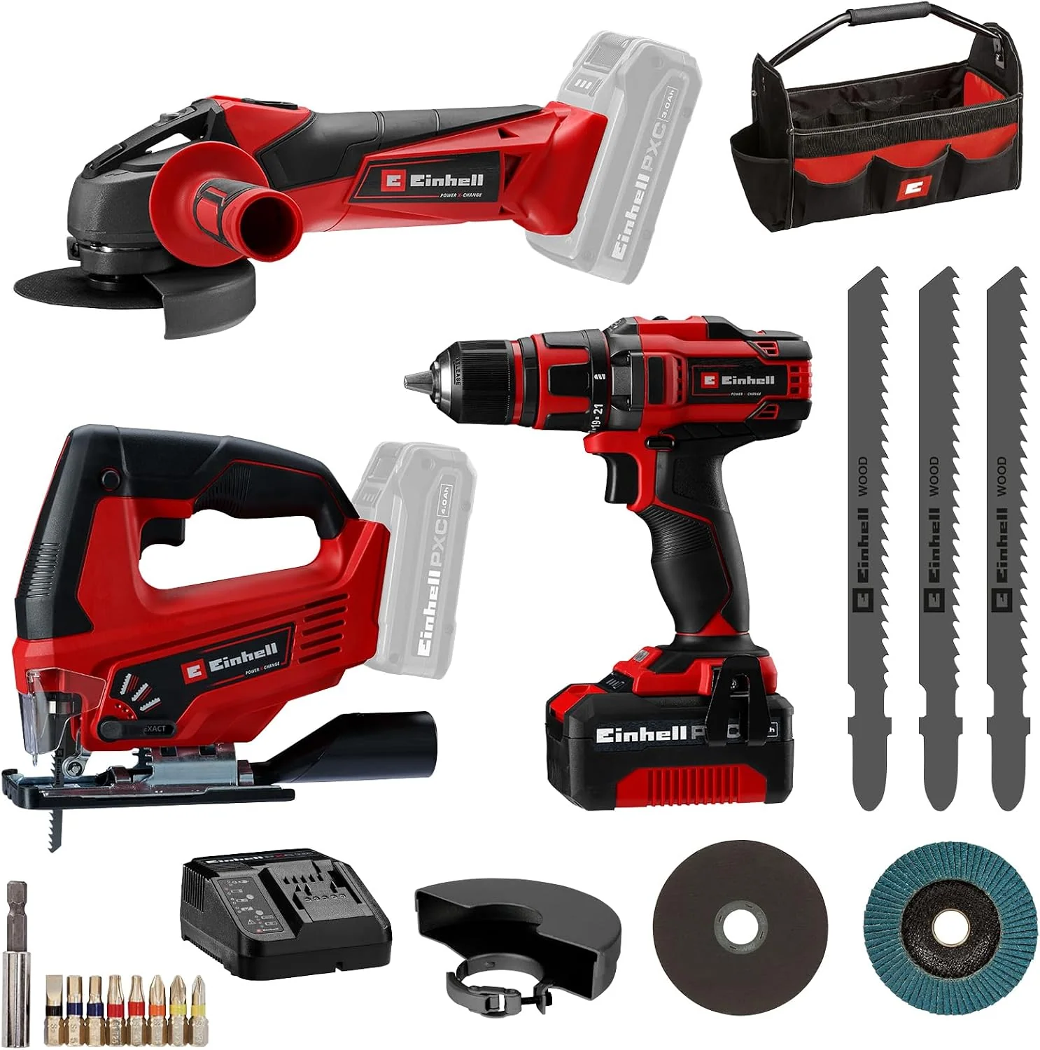 Einhell Bohrschrauber TE-CD 18/40 Li + Winkelschleifer TC-AG 18/115 Li + Stichsäge TC-JS 18 Li Power X-Change