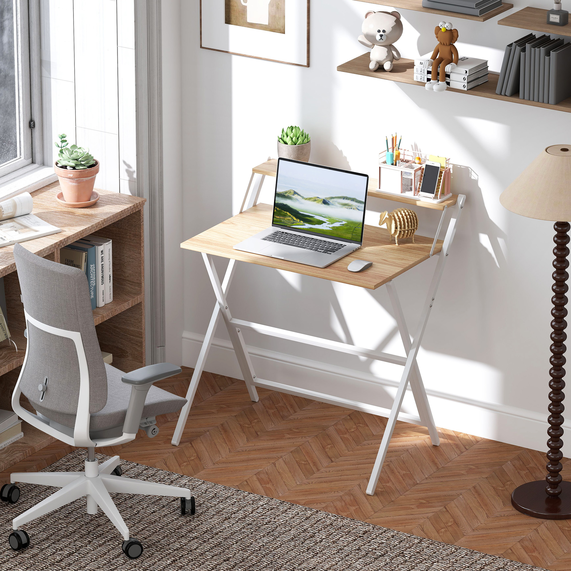 HOMCOM Klappbarer Schreibtisch mit Monitorablage, 81,5x62x86,5 cm, Holz und Weiß