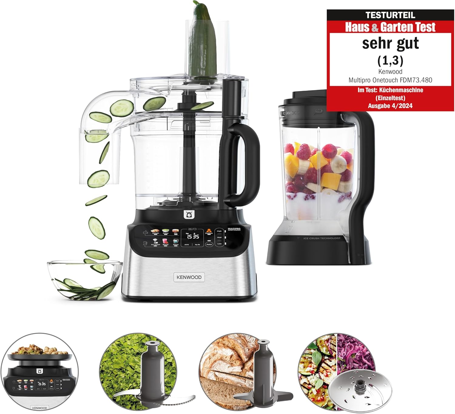 Kenwood MultiPro OneTouch FDM73.850SS – 3-in-1 Kompakt-Küchenmaschine & Mixer, 12 Zubehörteile, 6 Automatikprogramme, Variable Geschwindigkeit & Pulse-Funktion, Integrierte Waage, 1000 W, Silber
