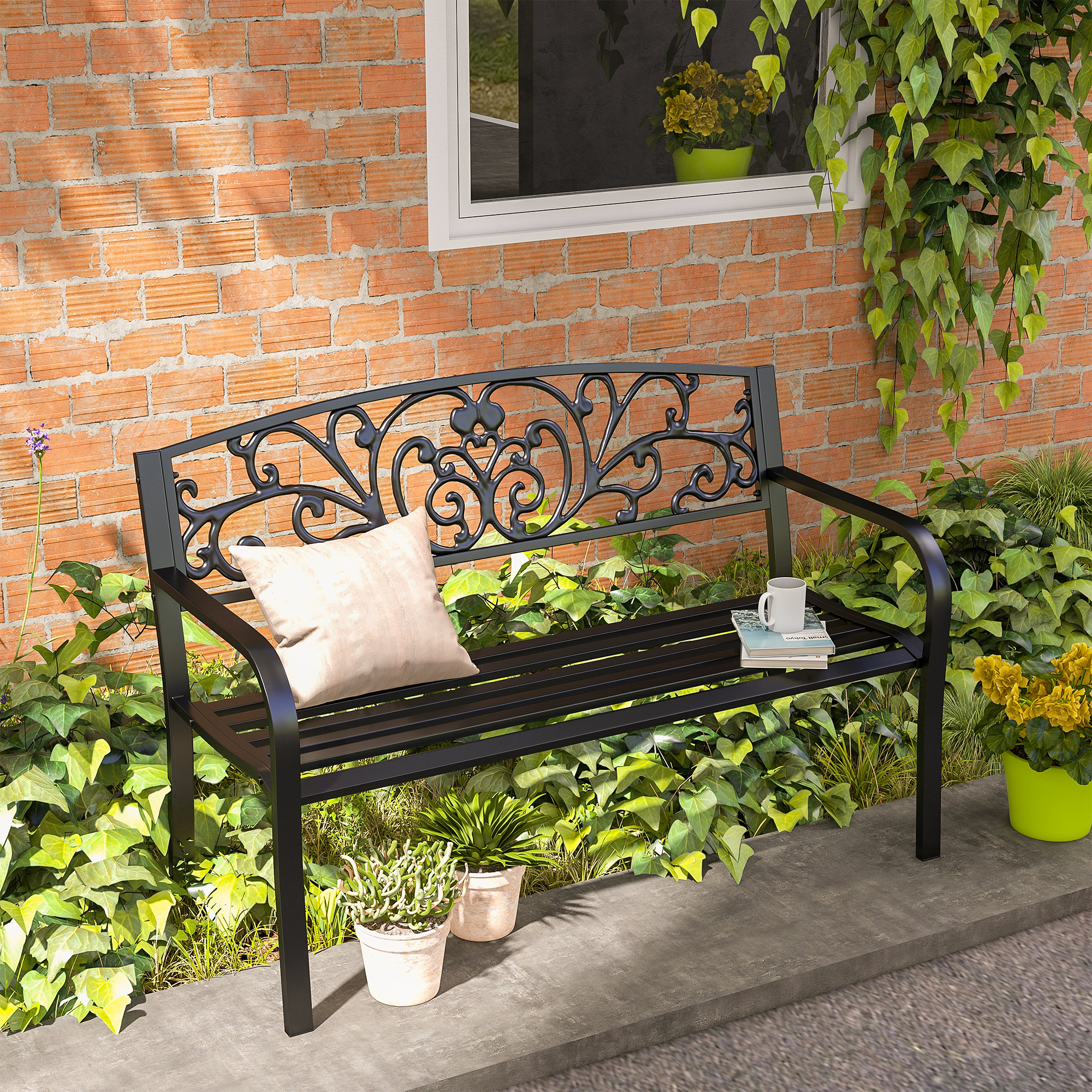 Outsunny Metallgartenbank, Blumendesign, 2-Sitzer, 240 kg Tragkraft, Stahl, 127L x 60B x 87H cm, Schwarz