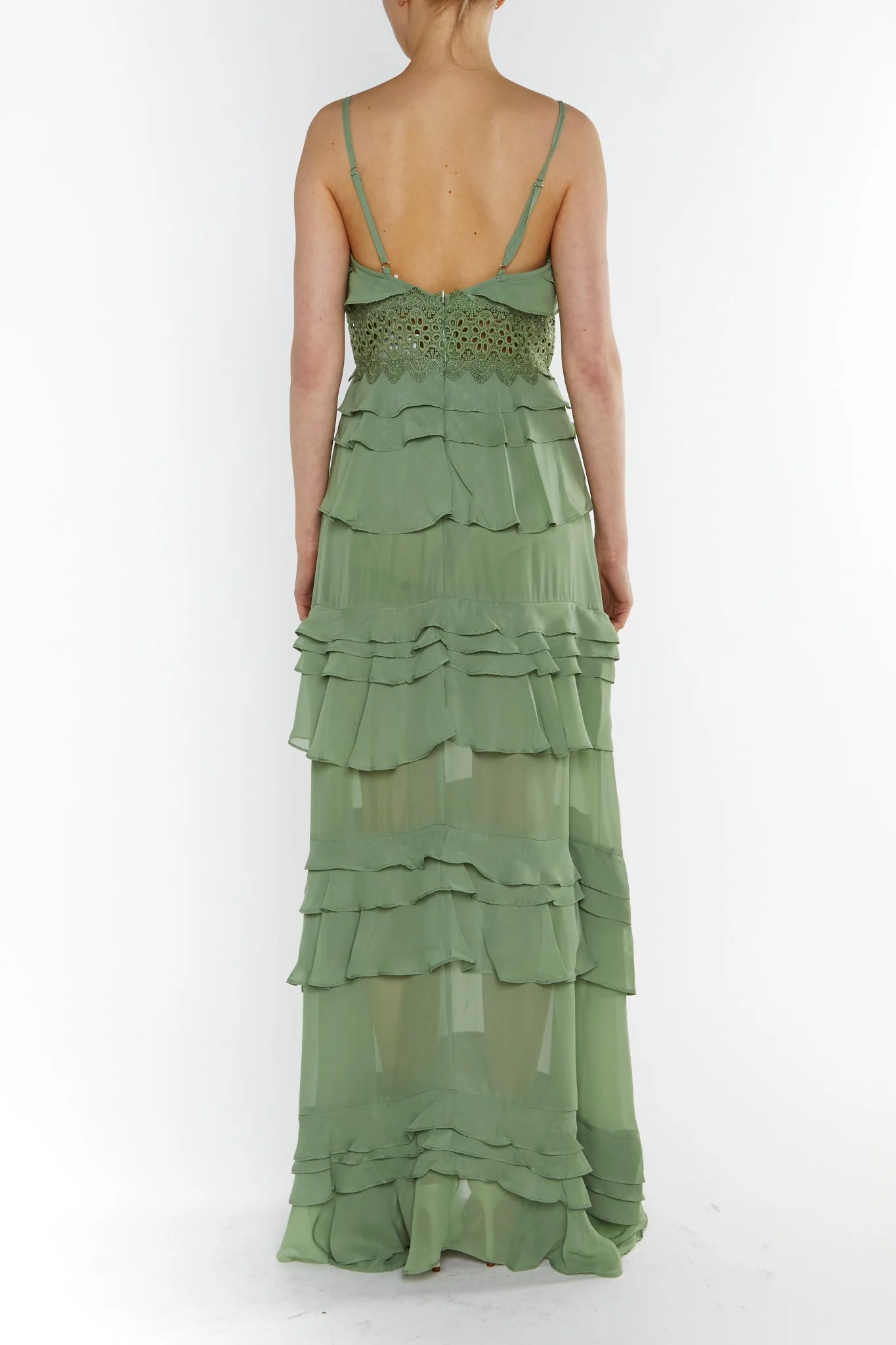 Sophia Sage Green Plunge Front Tiered Ruffle Maxi-Dress