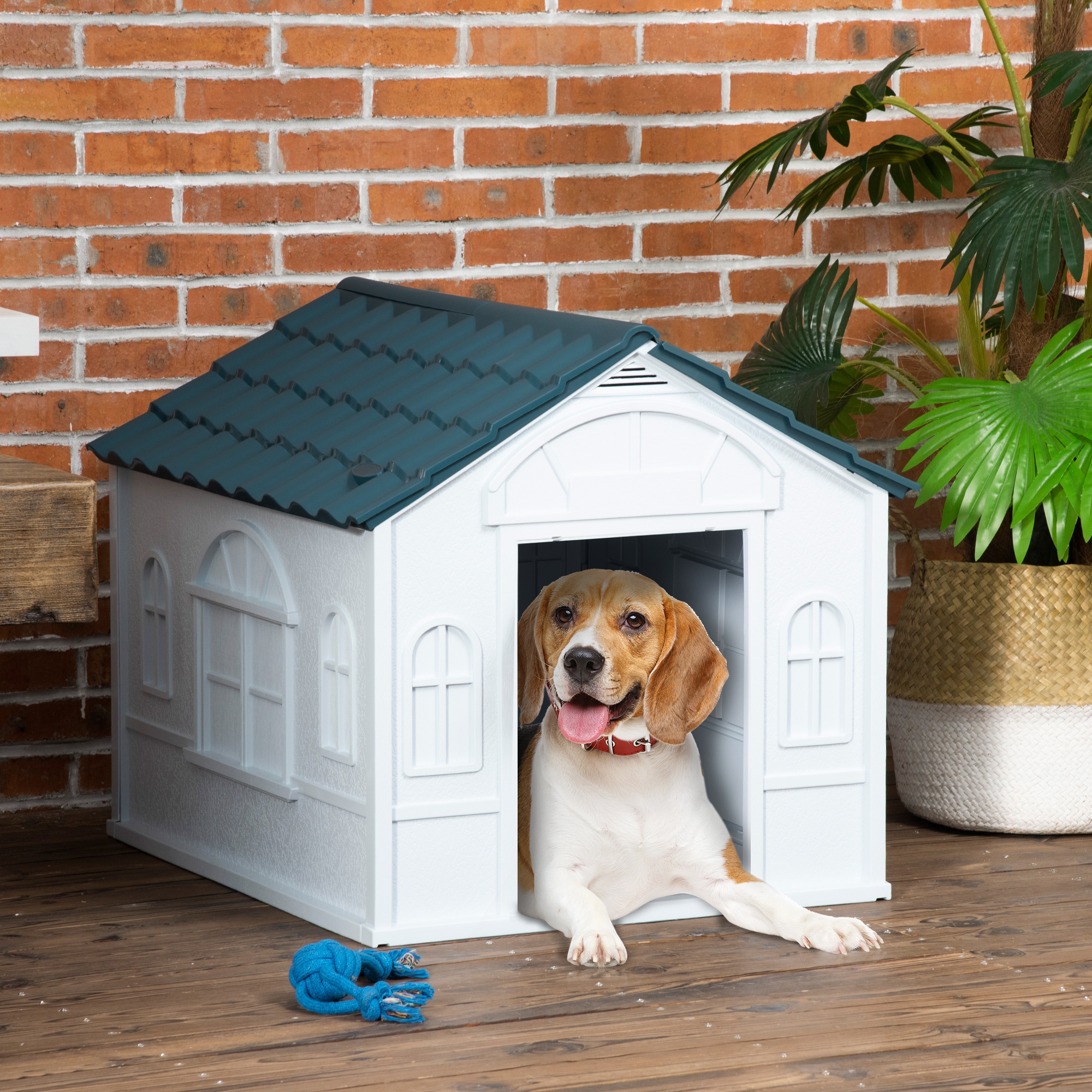 PawHut Hundehütte im Freien aus weißem PP für kleine und mittelgroße Hunde - 65 x 75,7 x 63 cm