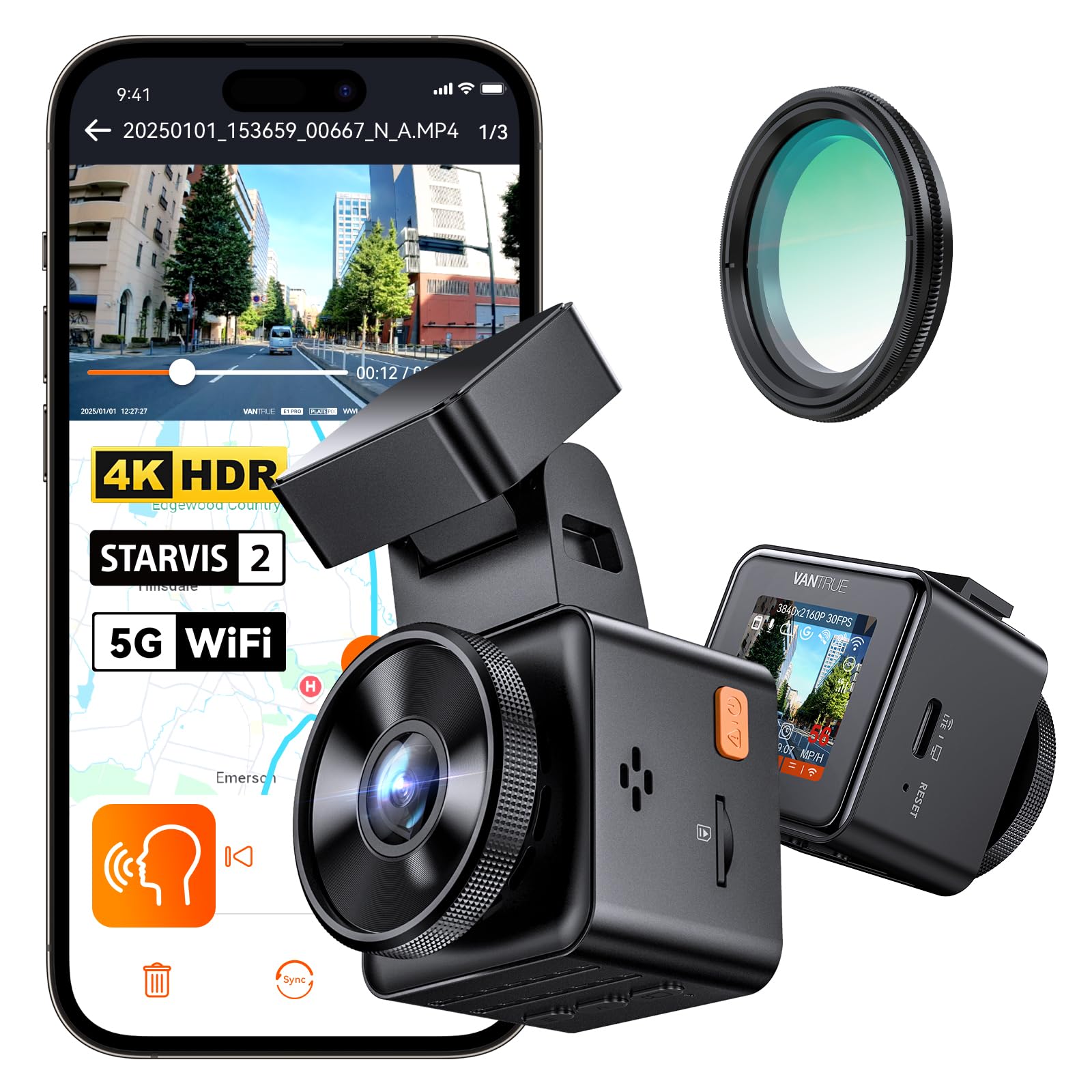 VANTRUE E1 Pro 4K HDR STARVIS 2 Front Dashcam fürs Auto Mini Dashcam mit CPL Polarisationsfilter