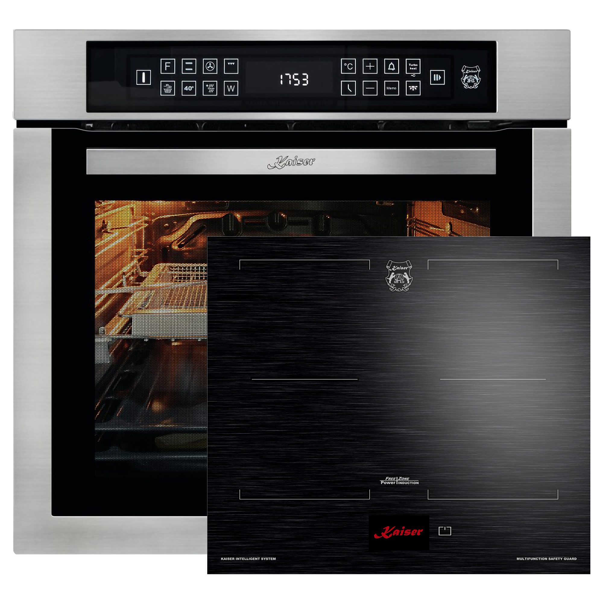 Backofen-Set Herd Set Autark Edelstahl Einbau Backofen 79L Temperatursonde – Bratautomatik 15 Fkt. Grill Air fryer Full Touch 60 cm mit Induktionskochfeld 60 cm FREE ZONE mit 2 FLEX Induktions-Zonen TFT Display EH 6306 R+KCT 6140 FI.