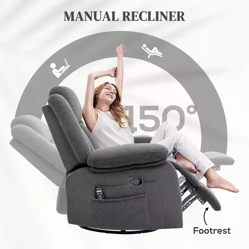 Massage Recliner Armchair with Heat, Swivel Rocker, Remote Control & Side Pockets, Gray