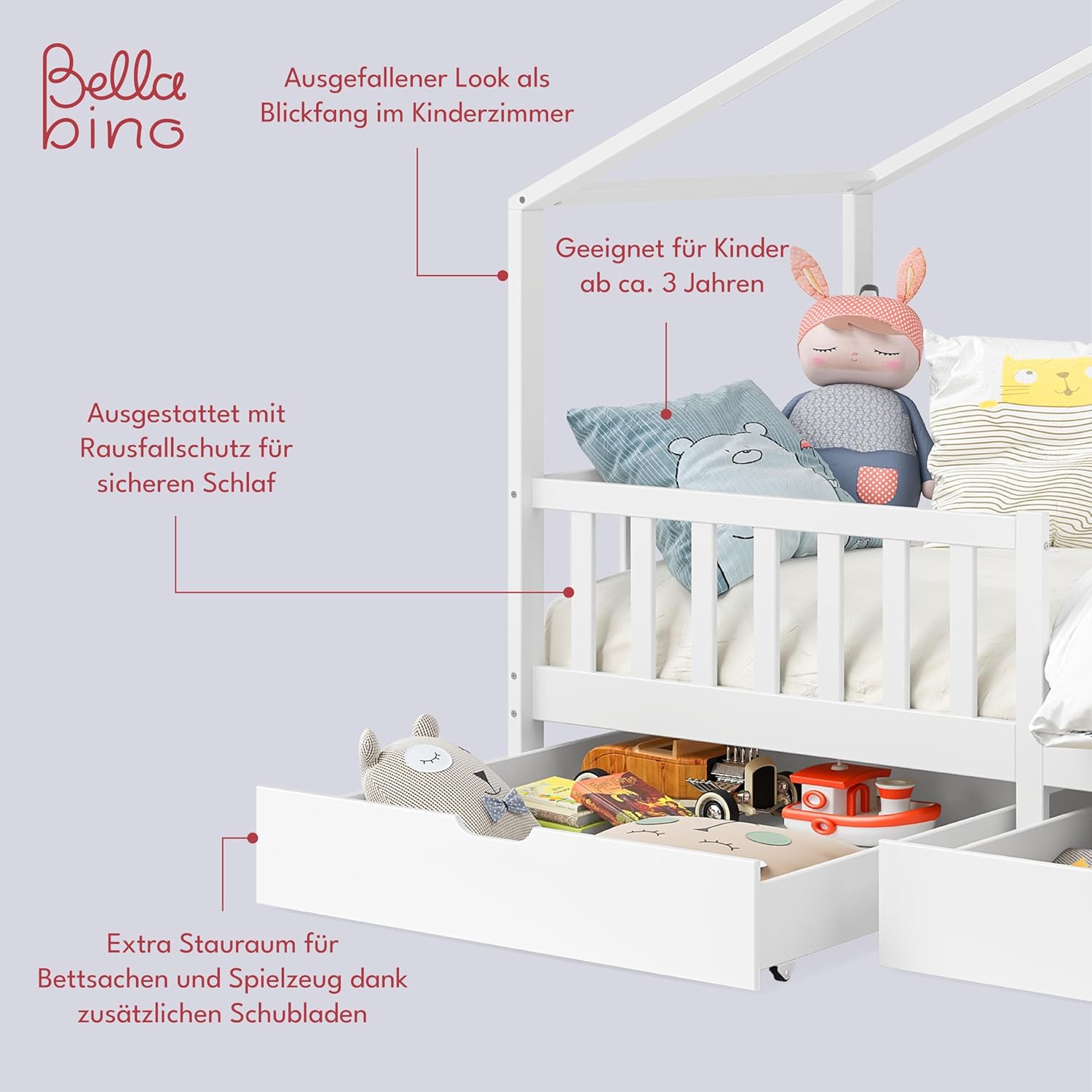 Bellabino Kinderbett Bia 140x200 cm, Hausbett Kinder inkl. Rausfallschutz und Rolllattenrost, Montessori Bodenbett weiß aus Massivholz Kiefer