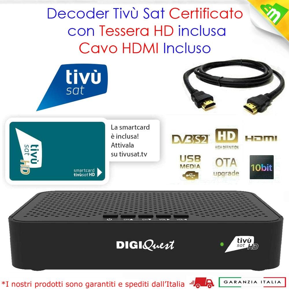 Ricevitore satellitare DVB-S2 Tivusat con scheda HD Tivusat inclusa CERTIFICATO DAZN Su Tivùsat MAIN 10 HEVC H265 SCR e DCSS cavo HDMI INCLUSO