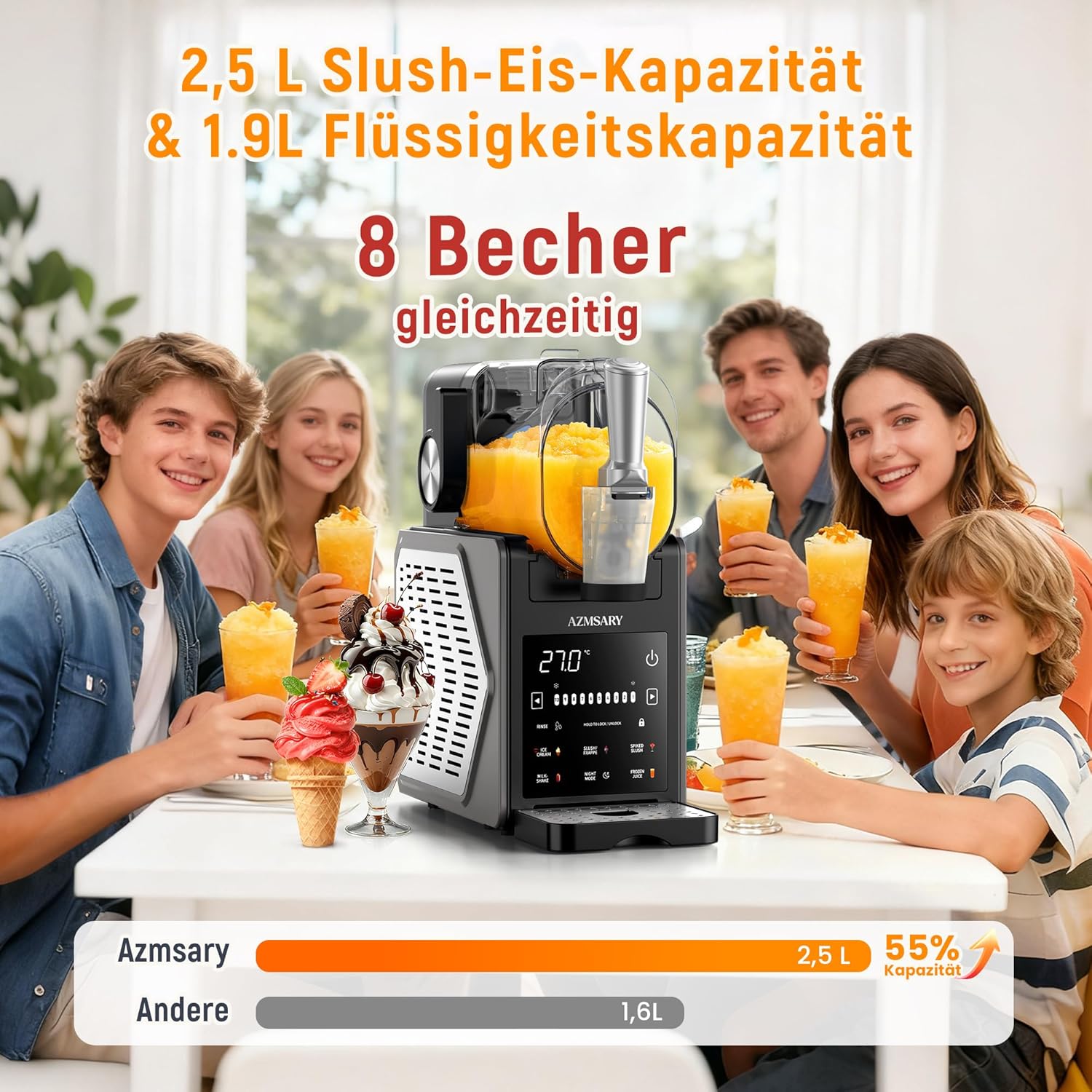 Slush Maschine – 2,5 L Eismaschine & Slushie Maschine für Zuhause, mit LED-Display, 6 voreingestellten Programmen für Eiscreme, Frappés, Milchshakes, automatischer Reinigung (Black) (Black)