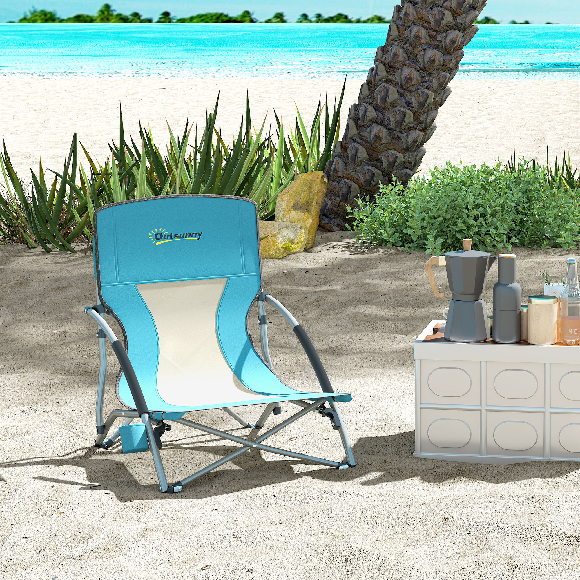 Outsunny Klappbarer Strandstuhl Campingstuhl leicht Tragetasche Getränkehalter 58 x 55 x 62 cm Blau