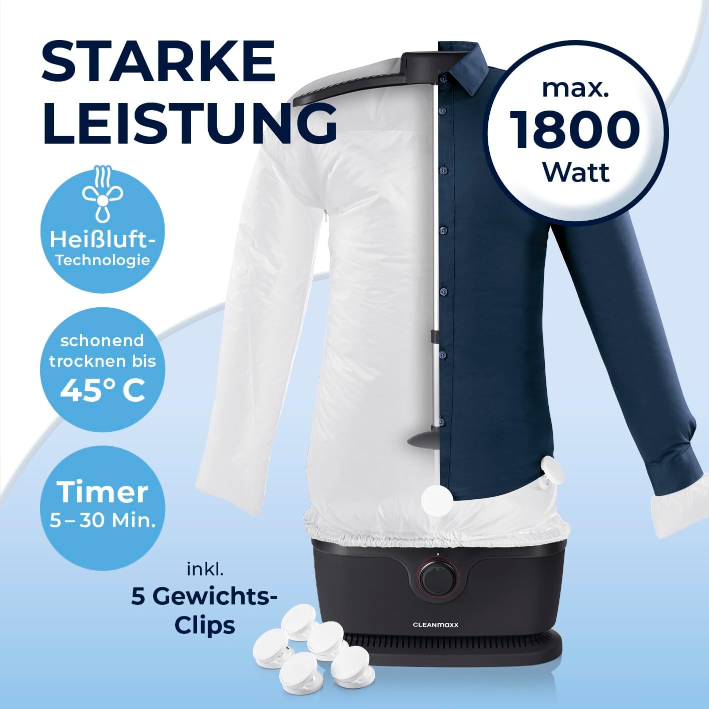 CLEANmaxx Automatischer Hemden-Bügler zum Trocknen und Gltten von Hemden & Blusen inklusive Aufsatz für Hosen | Die innovative und schonende Art, Ihre Wsche zu gltten