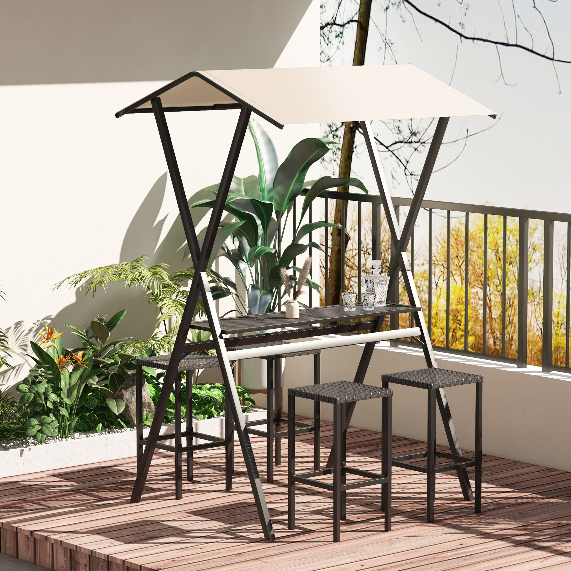 Outsunny Outdoor Barmöbel-Set, Rattanoptik, 4 Barhocker & 1 hoher Bartisch, mit Dach, Metallrahmen, Schwarz/Khaki