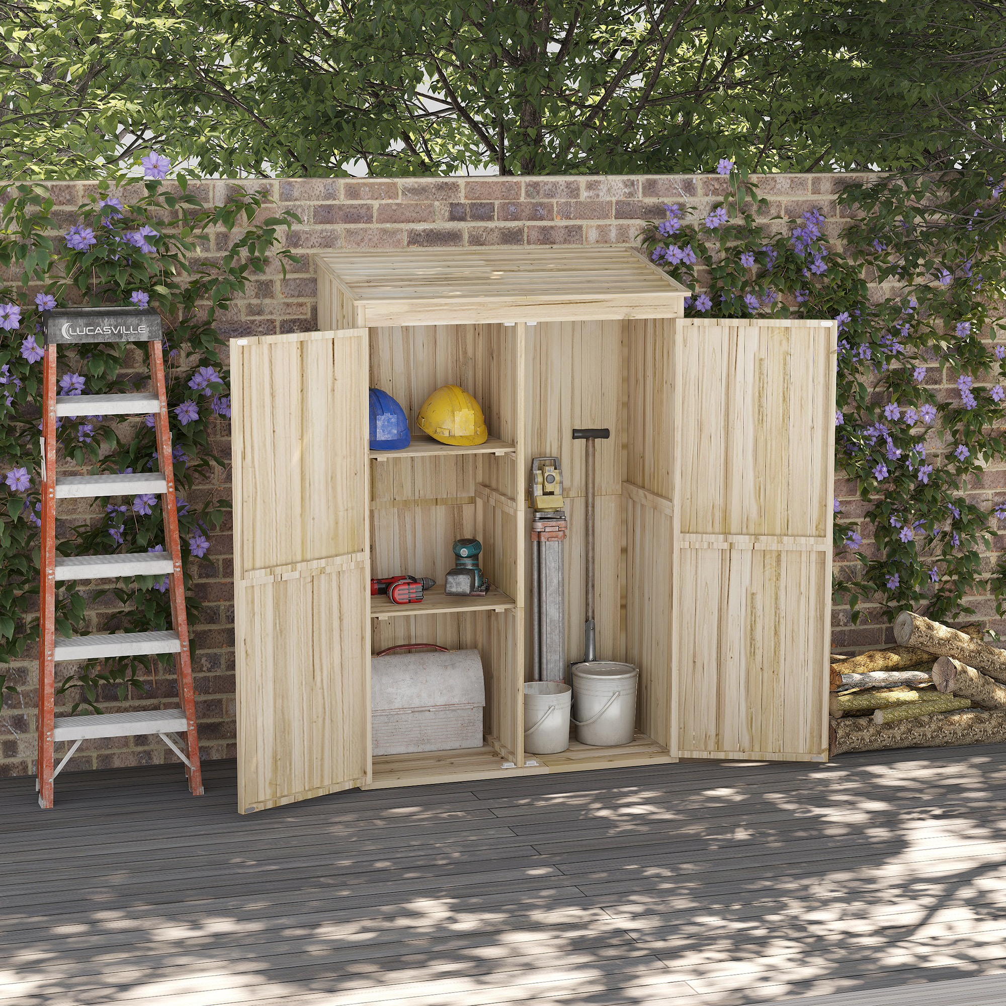 Outsunny Gartenhaus Holzschrank 2 Regale 2 Türen schräges Dach 120 x 57 x 183 cm Naturholz