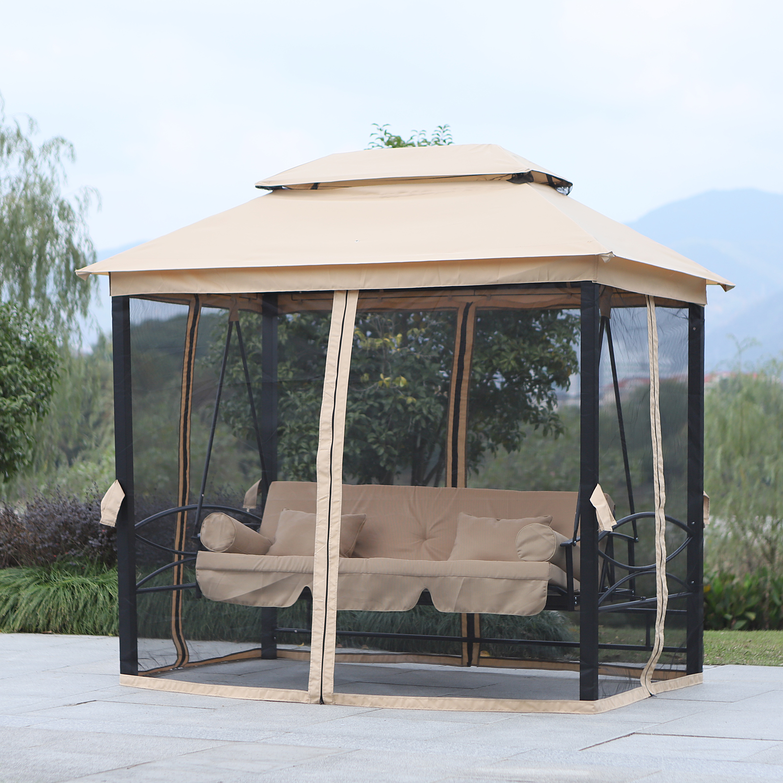 Outsunny Hollywoodschaukel Gartenschaukel Schaukel mit Seitenwänden 3-Sitzer Beige 256 x 172 x 248 cm