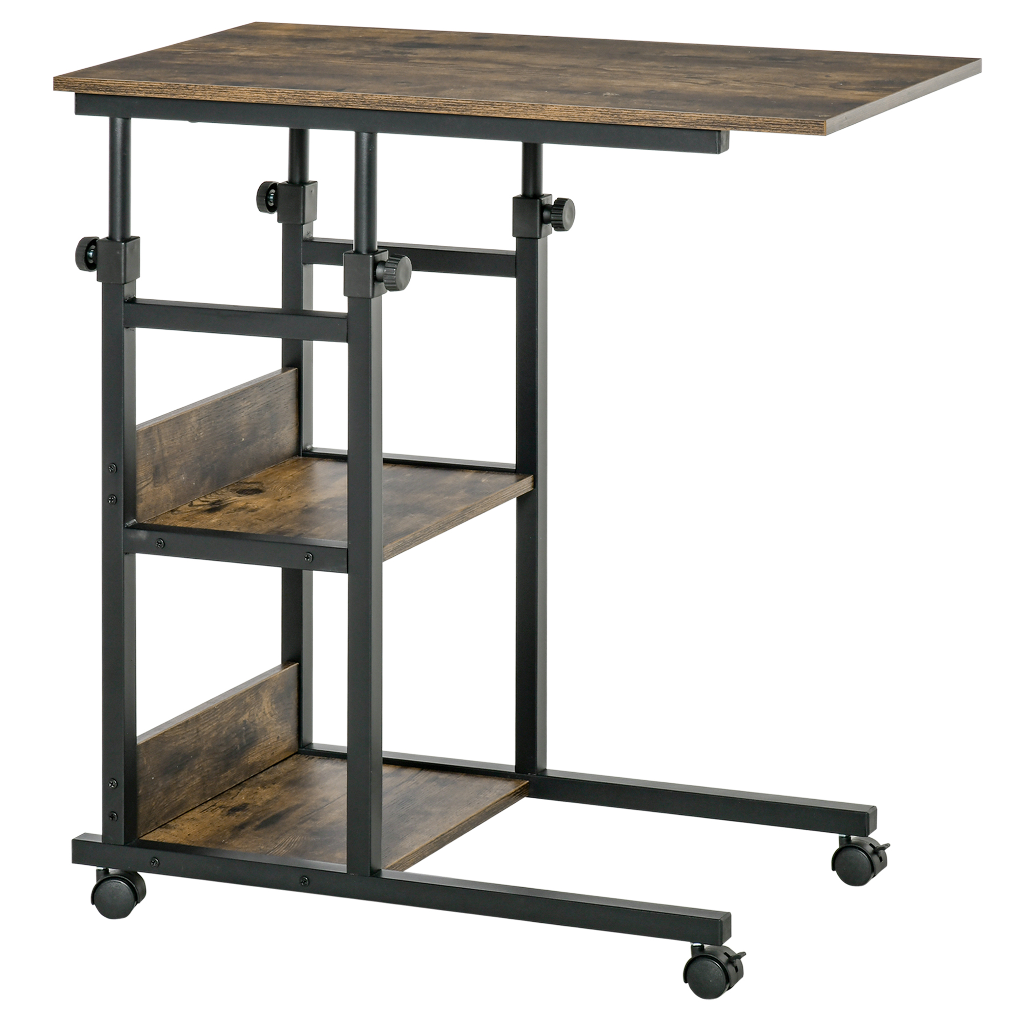 HOMCOM Beistelltisch mit Rollen, höhenverstellbar, kompakt, 2 Ablageböden, Metallrahmen, 80x40x72-82 cm, Braun