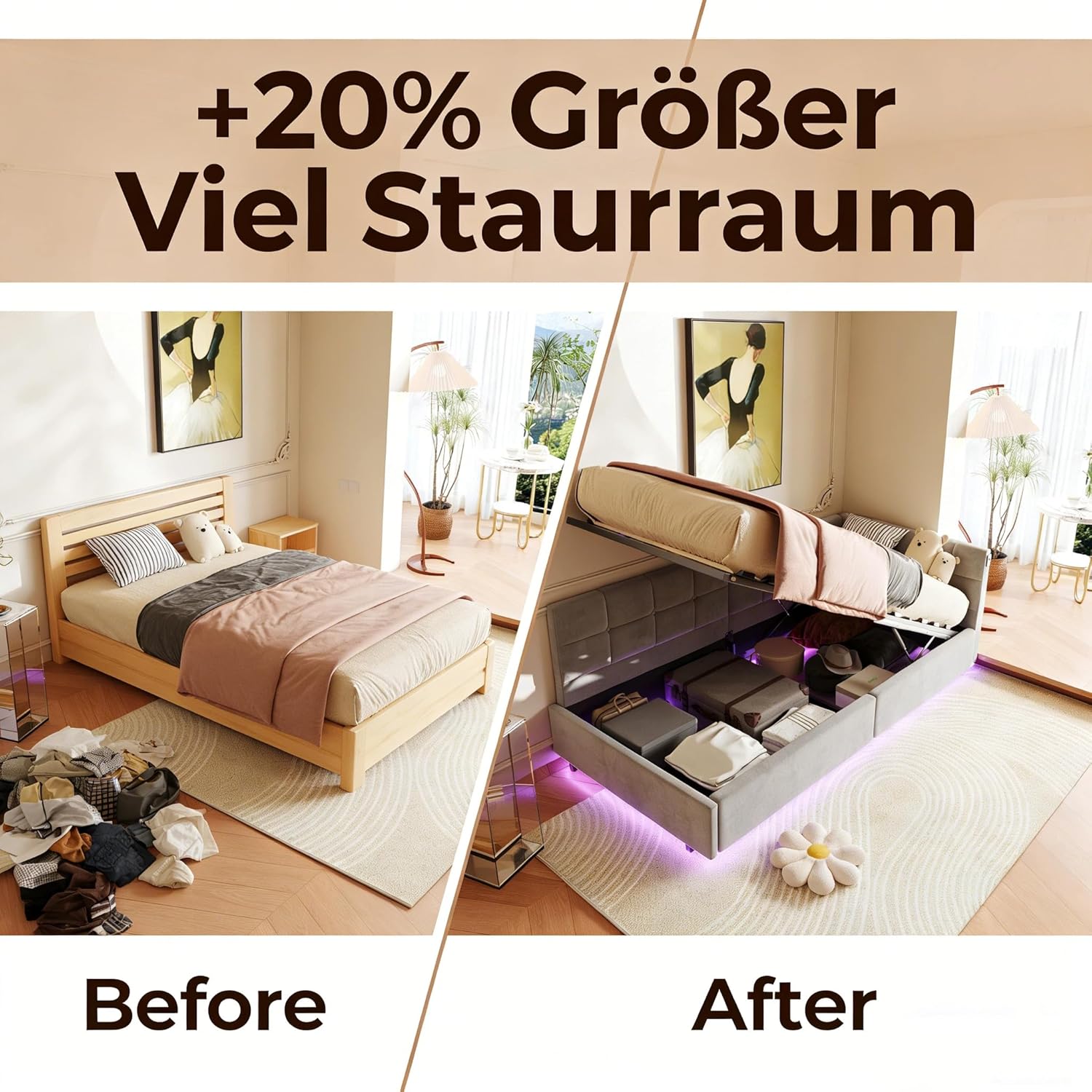 Einzelbett 90x200 mit Stauraum, Polsterbett mit LED/USB, Bettgestell mit Lattenrost und kopfteil, Bettrahmen für Jugendliche, Samt (Grau, 90 x 200 cm)