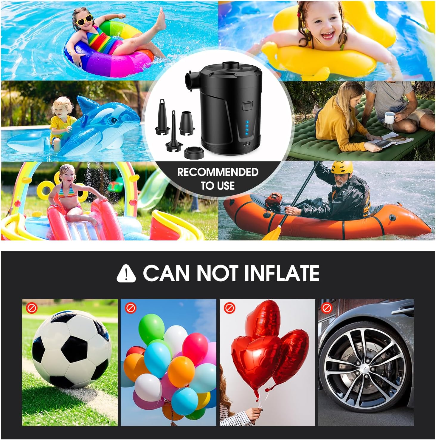 SUPPOU Pompa Elettrica, 5200mAh Pompa Elettrica per Materasso Gonfiabile può essere rapida per Gonfiare e Sgonfiare, Adatto per Materasso Gonfiabile, Materassino Campeggio, Piscina Gonfiabile