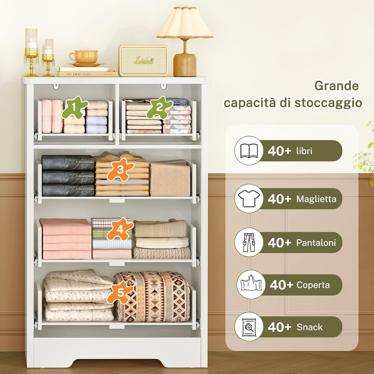 TEENFON Cassettiera Camera da Letto, Settimino con 5 Cassetti - Comò Bianco Moderno e Salvaspazio, Ideale per Soggiorno e Ingresso, 60x35x96.5 cm