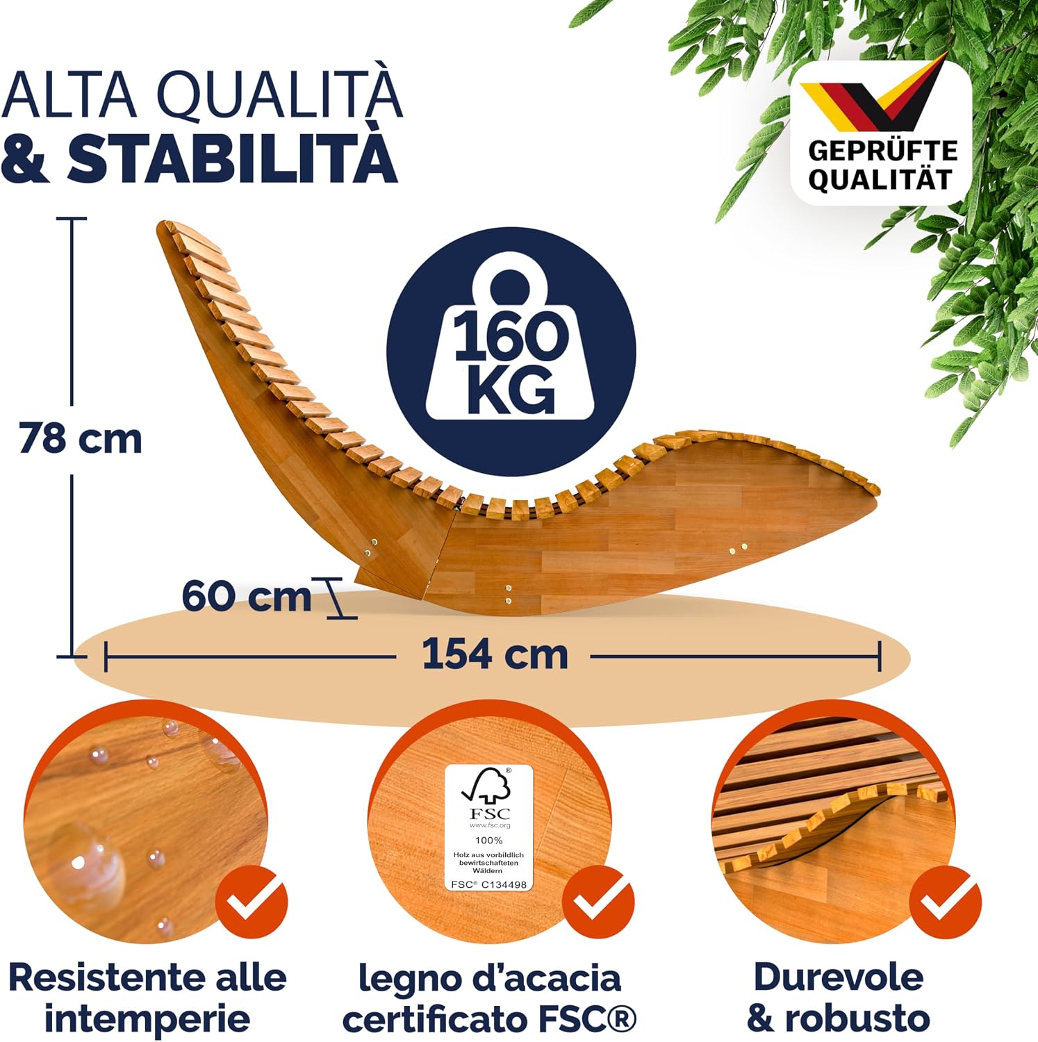 Casaria® 2x Sdraio a Dondolo JAVA Pieghevole 155x60x93cm Portata 160 kg Legno Acacia Certificato FSC® Lettino Sauna