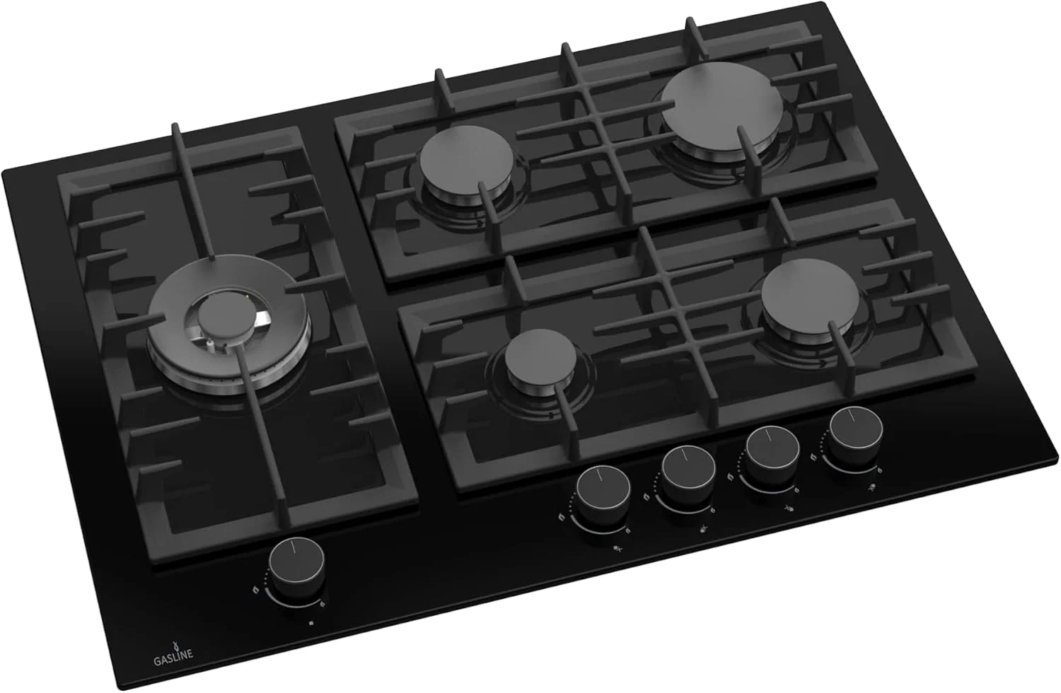 Gasline Gasherd, 3,8 kW, Schwarz Glaskeramik, Schwarz, Einbau, 5 flammig, Glaskeramik Gaskochfeld, GAG70GLG, WOK Brenner