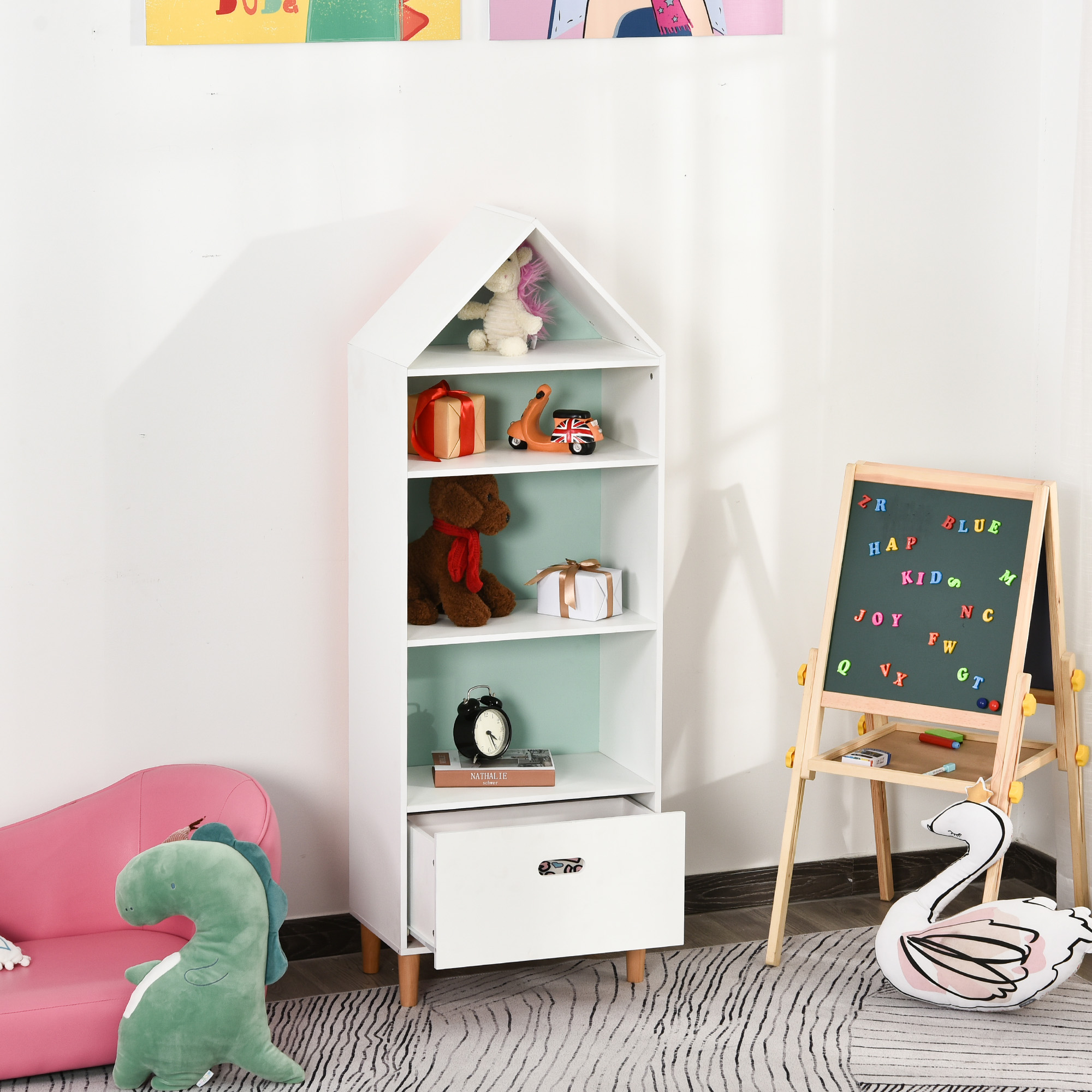 HOMCOM Kinderzimmer Bücherregal Spielzeugregal für Kinder und Jugendliche, 1 Schublade und 4 Regale, Weiß und Blau 50x30x142cm